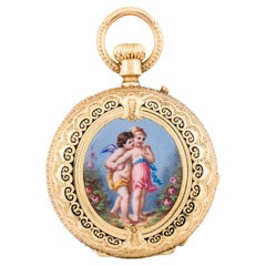 Exquisite Victorian Enamel Cherub Garden Scene 18 Karat Gold Swiss Pocket Watch