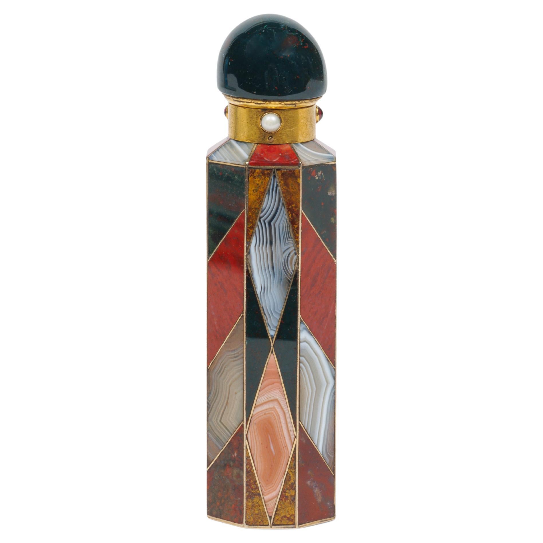 Exquisite viktorianische englische Gold- und schottische Achat-Parfümflasche aus Gold, um 1870 im Angebot