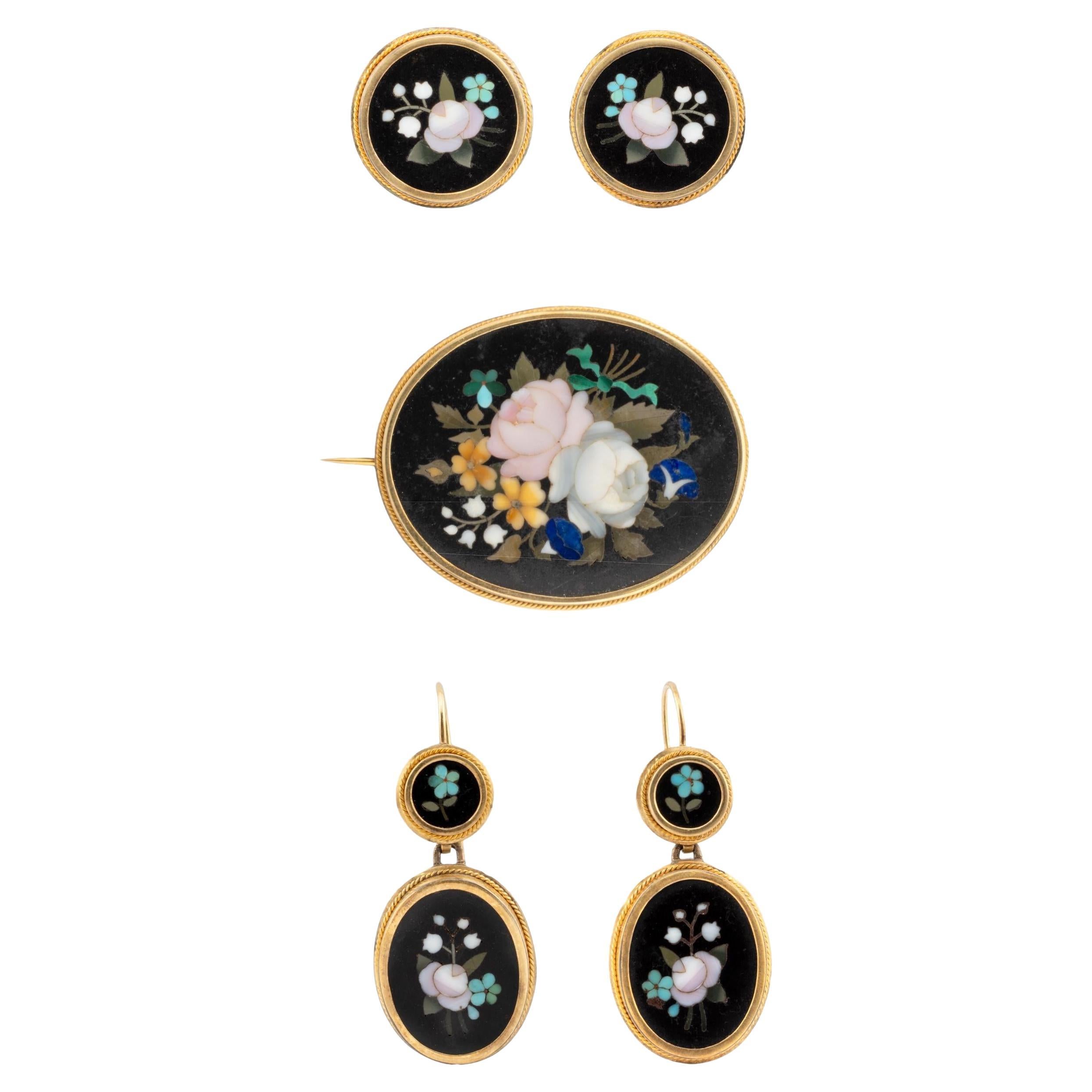 Exquisite Victorian Pietra Dura Floral Motif Suite Brooch, Earrings Etc.