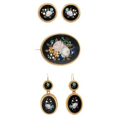 Exquisite Victorian Pietra Dura Floral Motif Suite Brooch, Earrings Etc.