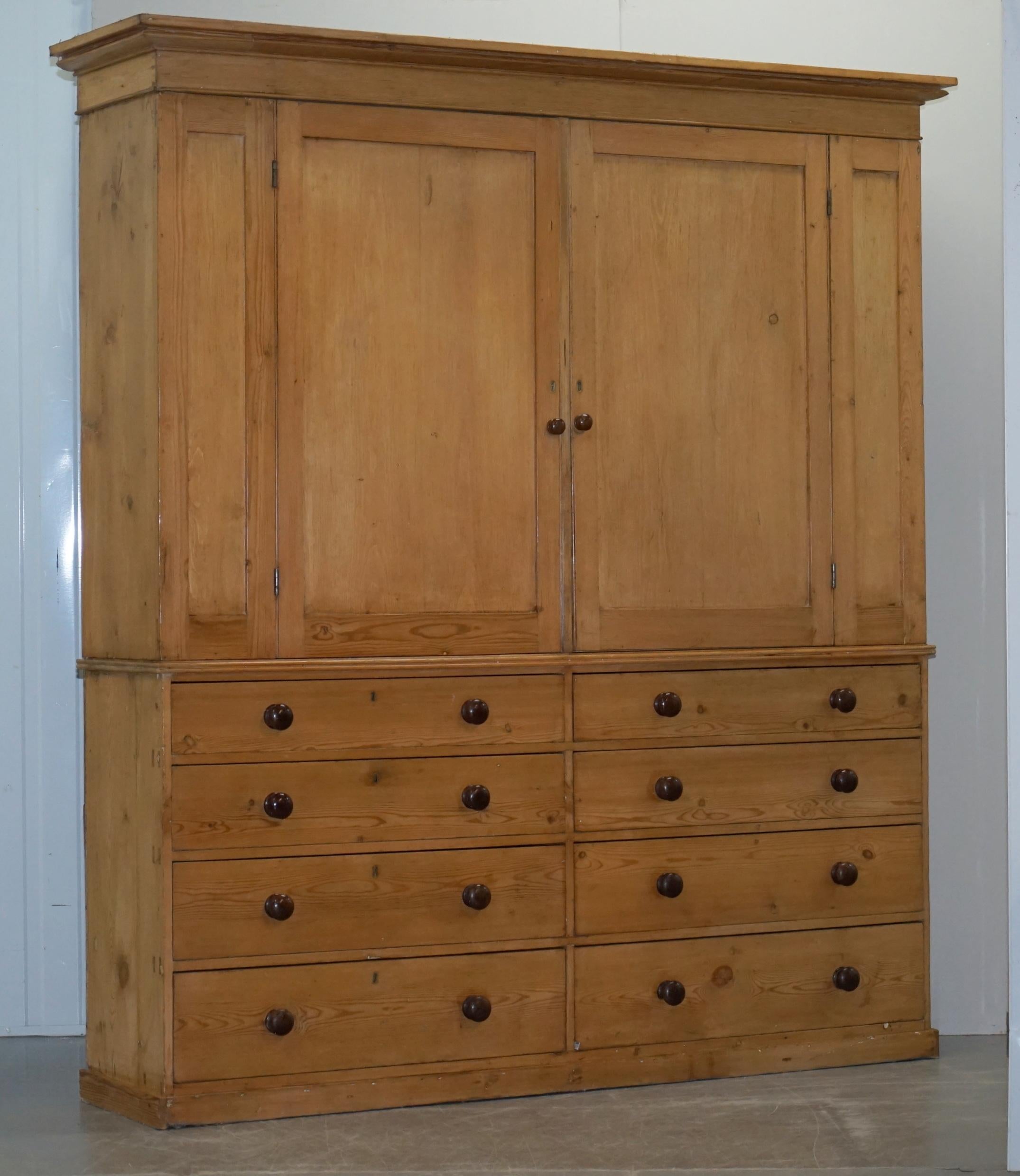 We are delighted to offer for sale this sublime Victorian circa 1860-1880 solid pine Housekeepers cupboard with double bank drawer base

A very good looking and quite rare cupboard. This was a worker day housekeepers piece, used for storing all