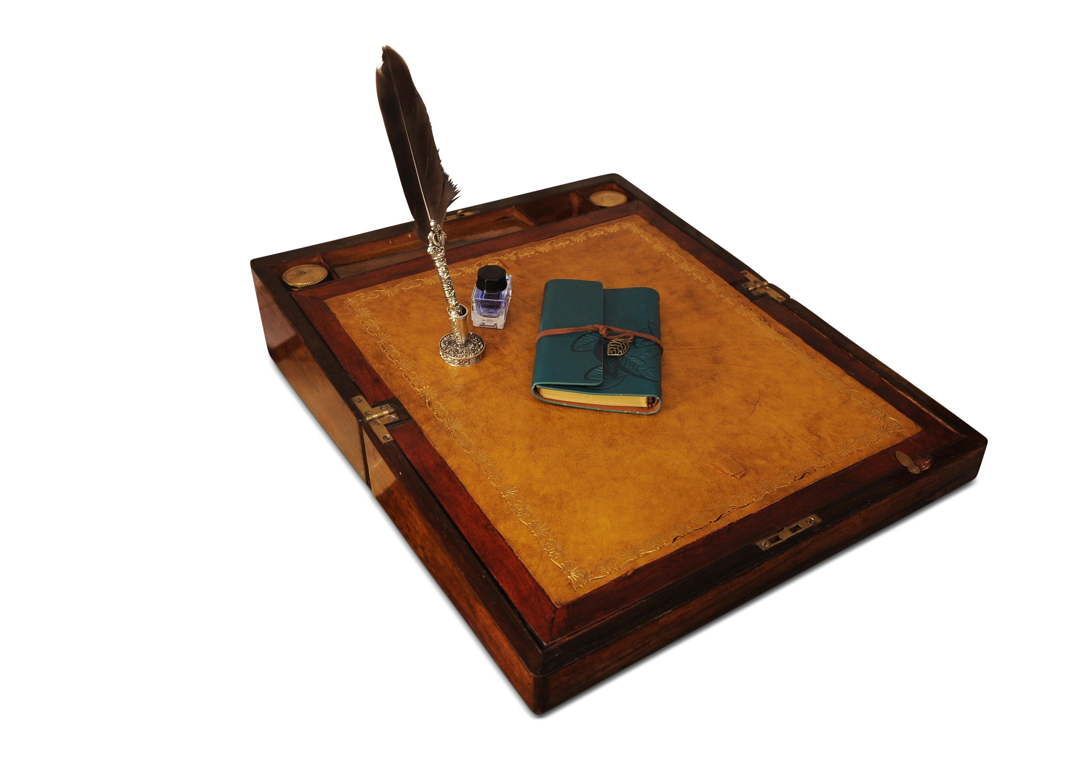 Campaign Exquisite Victorian Rosewood & Leather Tooled Writing Slope, Inkwell and Pen