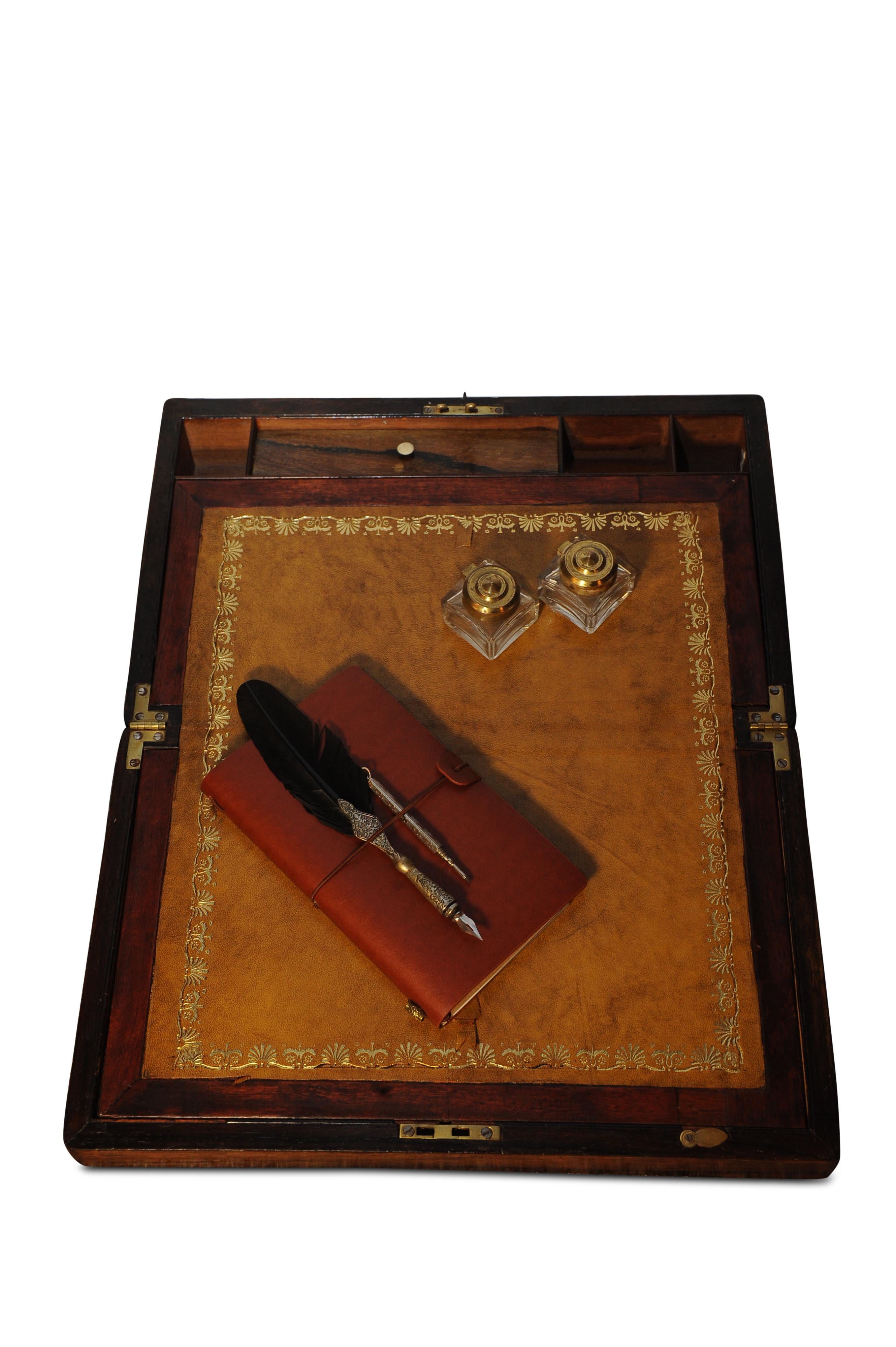 British Exquisite Victorian Rosewood & Leather Tooled Writing Slope, Inkwell and Pen