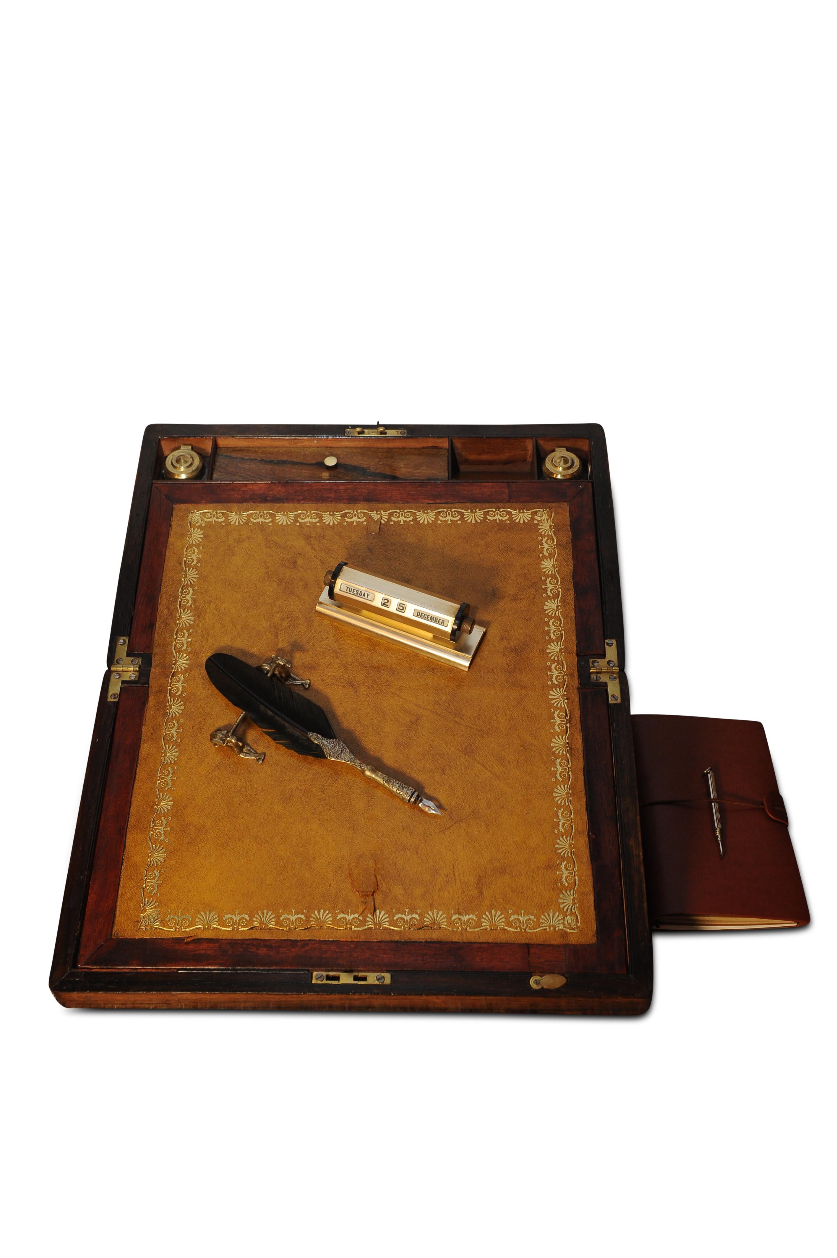 Hand-Crafted Exquisite Victorian Rosewood & Leather Tooled Writing Slope, Inkwell and Pen