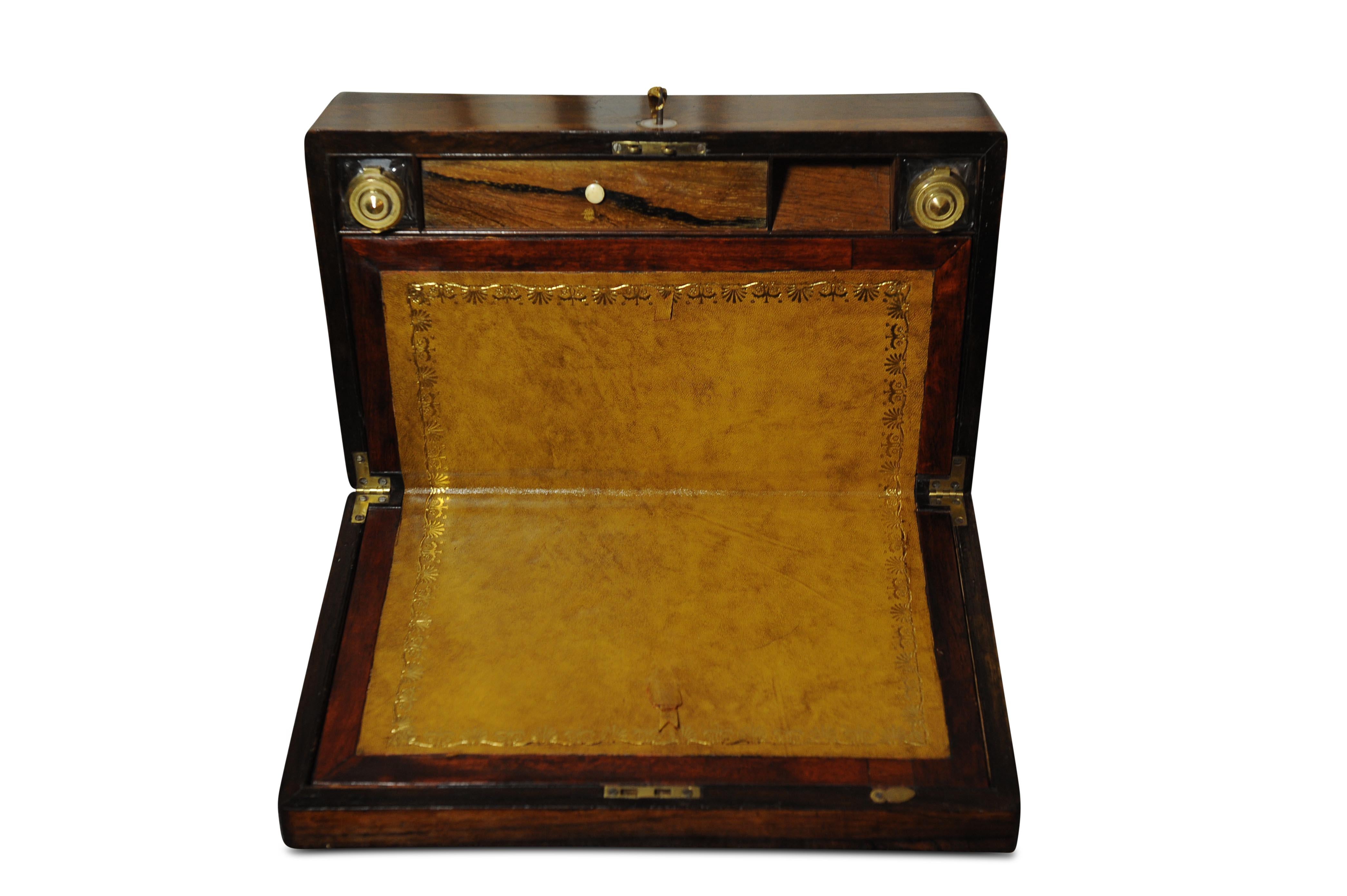 19th Century Exquisite Victorian Rosewood & Leather Tooled Writing Slope, Inkwell and Pen