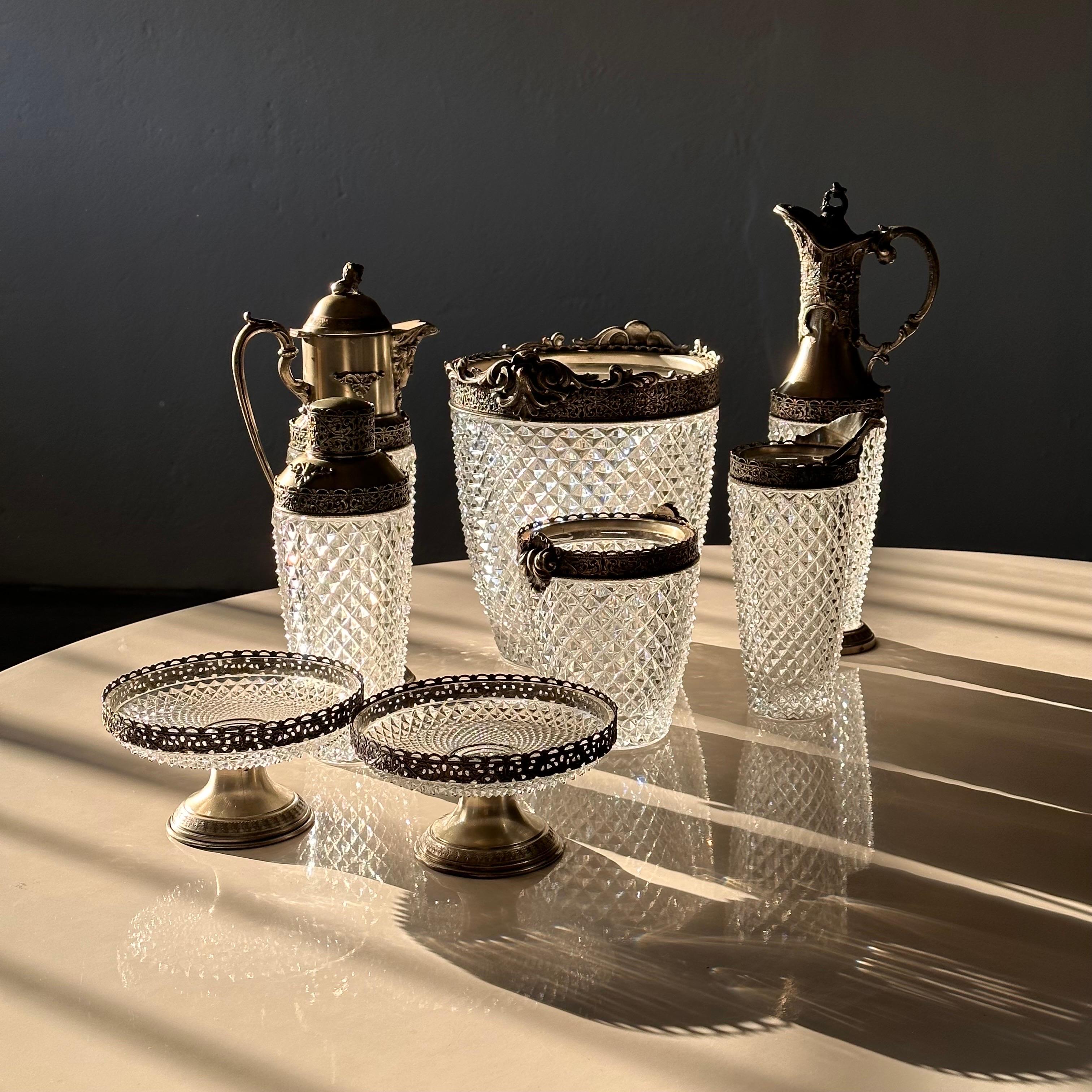 English Exquisite Victorian Silver Plated and Cut Crystal Set for Wine and Cocktails