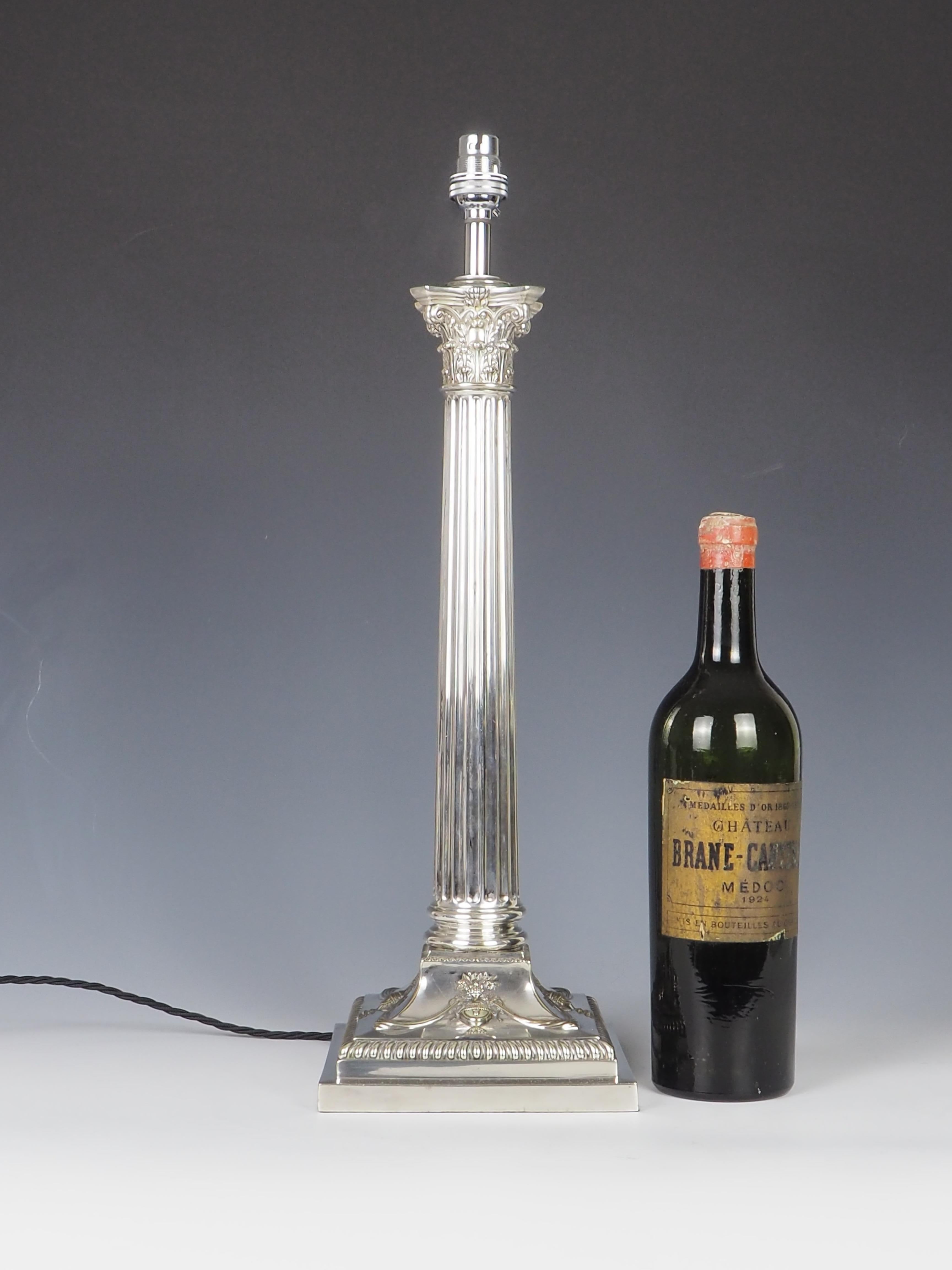British Exquisite Victorian Silver-Plated Corinthian Column Table Lamp