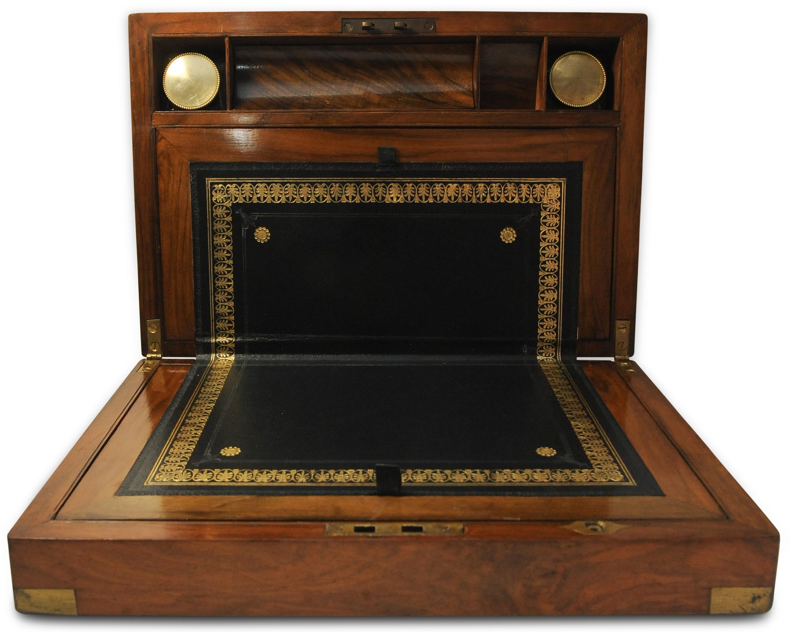 Exquisite Victorian Walnut & Black Leather Campaign Writing Slope & Secret Space For Sale 1