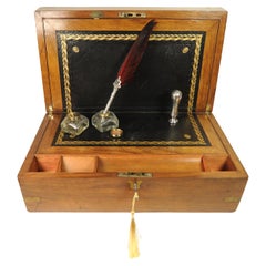 Exquisite Victorian Walnut & Black Tooled Leather Campaign Writing Slope