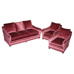 Antique EXQUISITE VIiCTORIAN SALMON VELOUR UPHOLSTERED SOFA & PAIR OF ARMCHAIRS SUITE