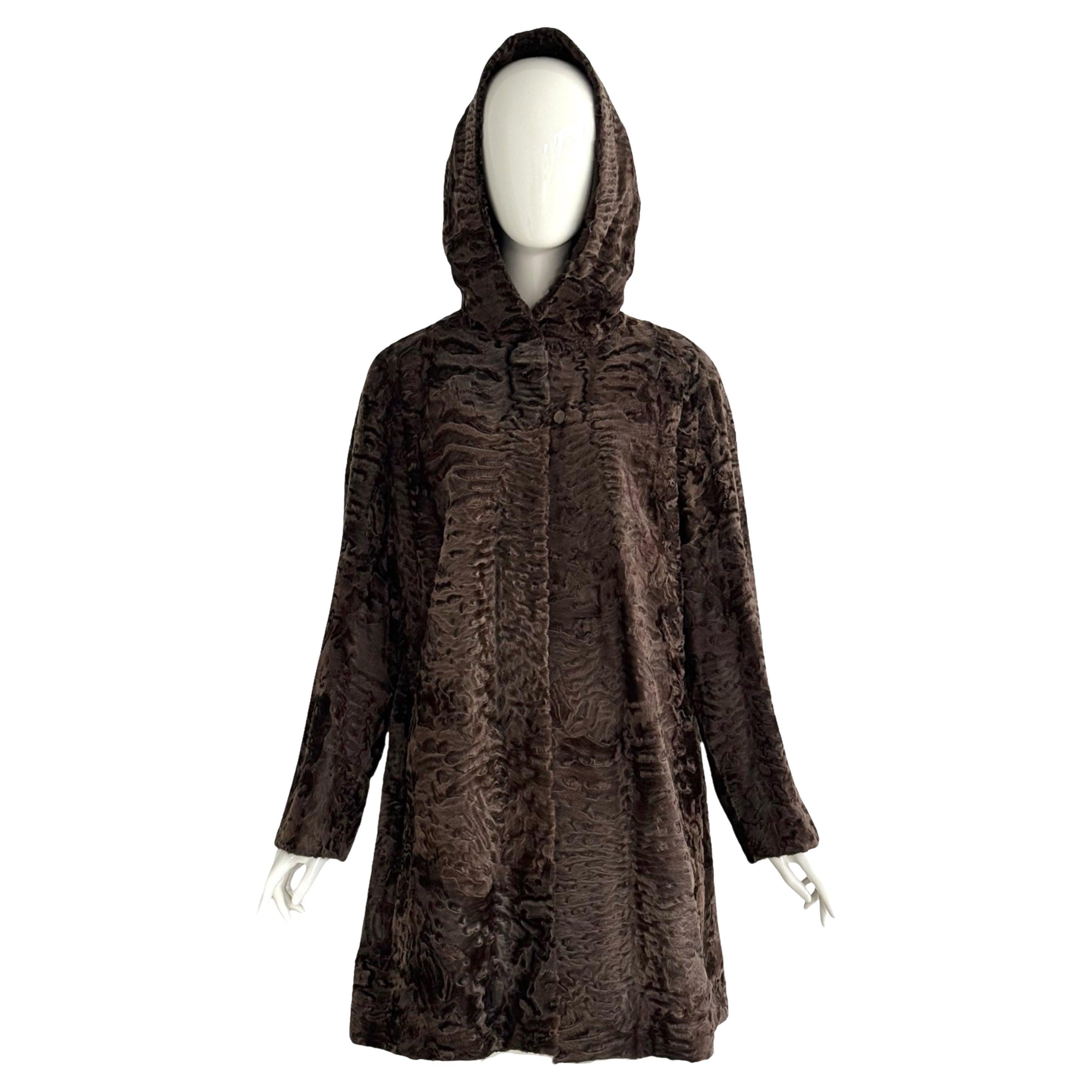 Exquisite Vintage 1990s Unsigned Chocolate Brown Astrakhan Fur Hooded Coat