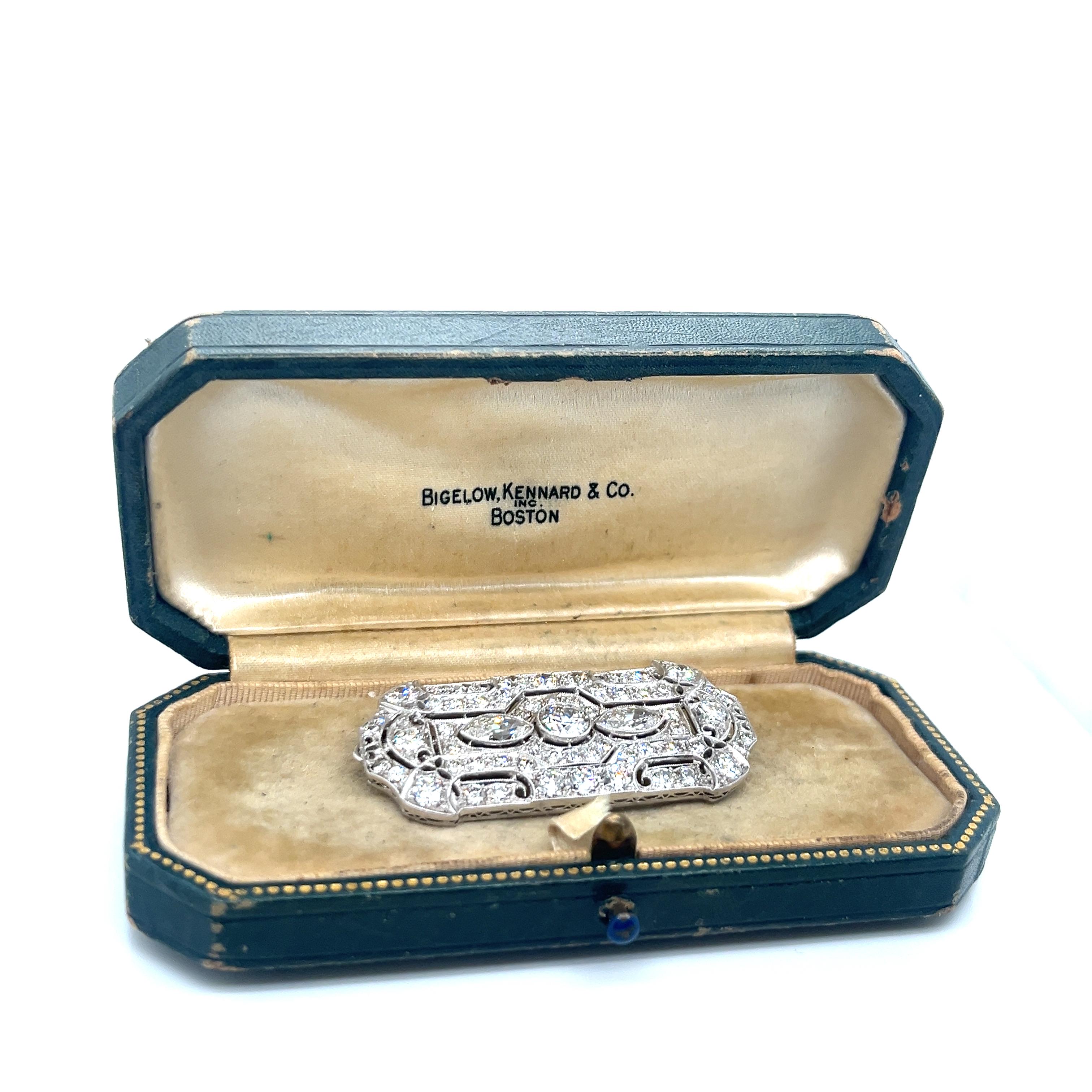 Old European Cut Exquisite Vintage Art Deco Platinum Diamond Brooch/Pendant 4.85ct Total Weight For Sale
