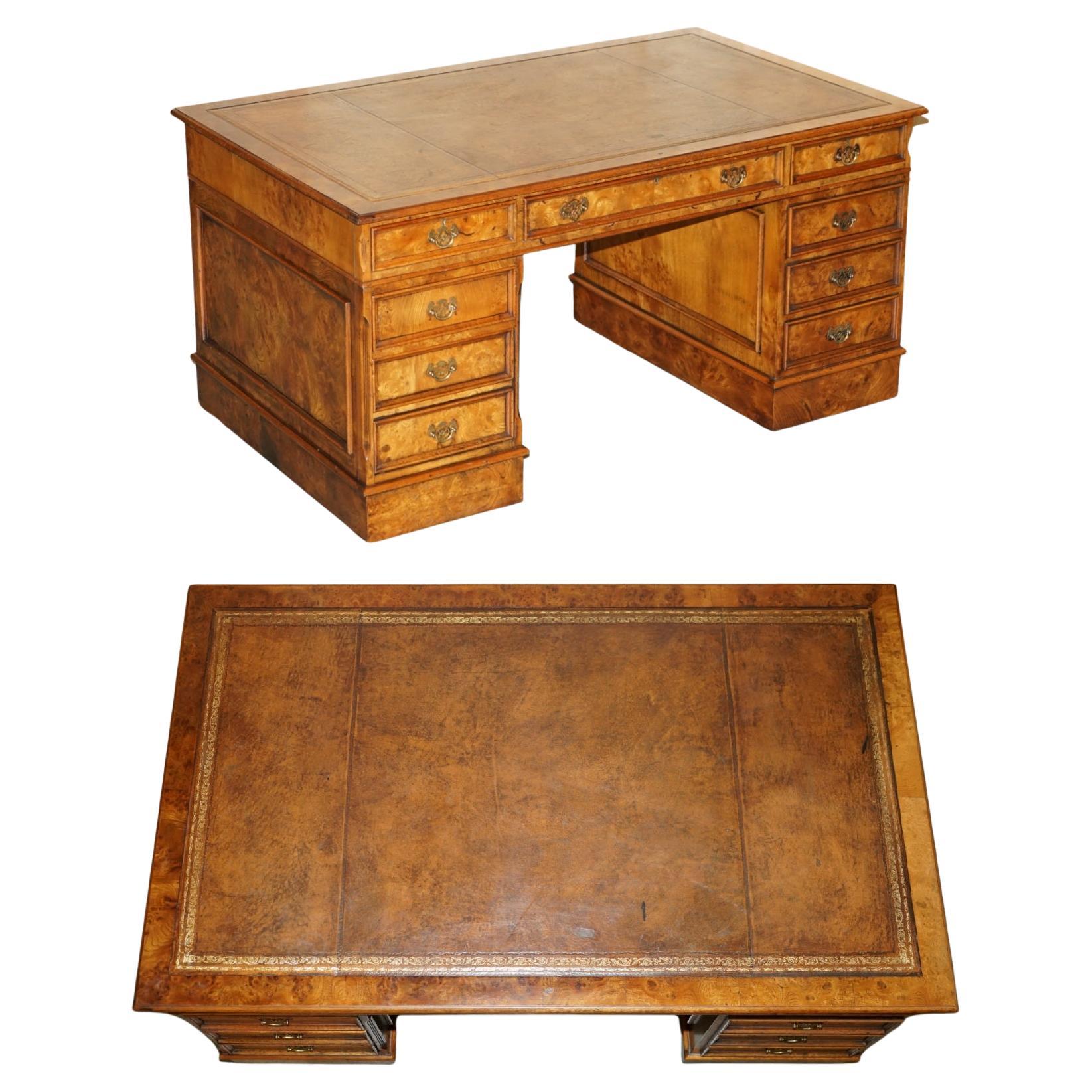 EXQUISITE VINTAGE BURR WALNUT BROWN LEATHER PARTNER DESK WiTH SLIP SERVING TRAYS