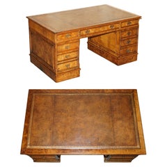 EXQUISITE VINTAGE BURR WALNUT BROWN LEATHER PARTNER DESK WiTH SLIP SERVING TRAYS