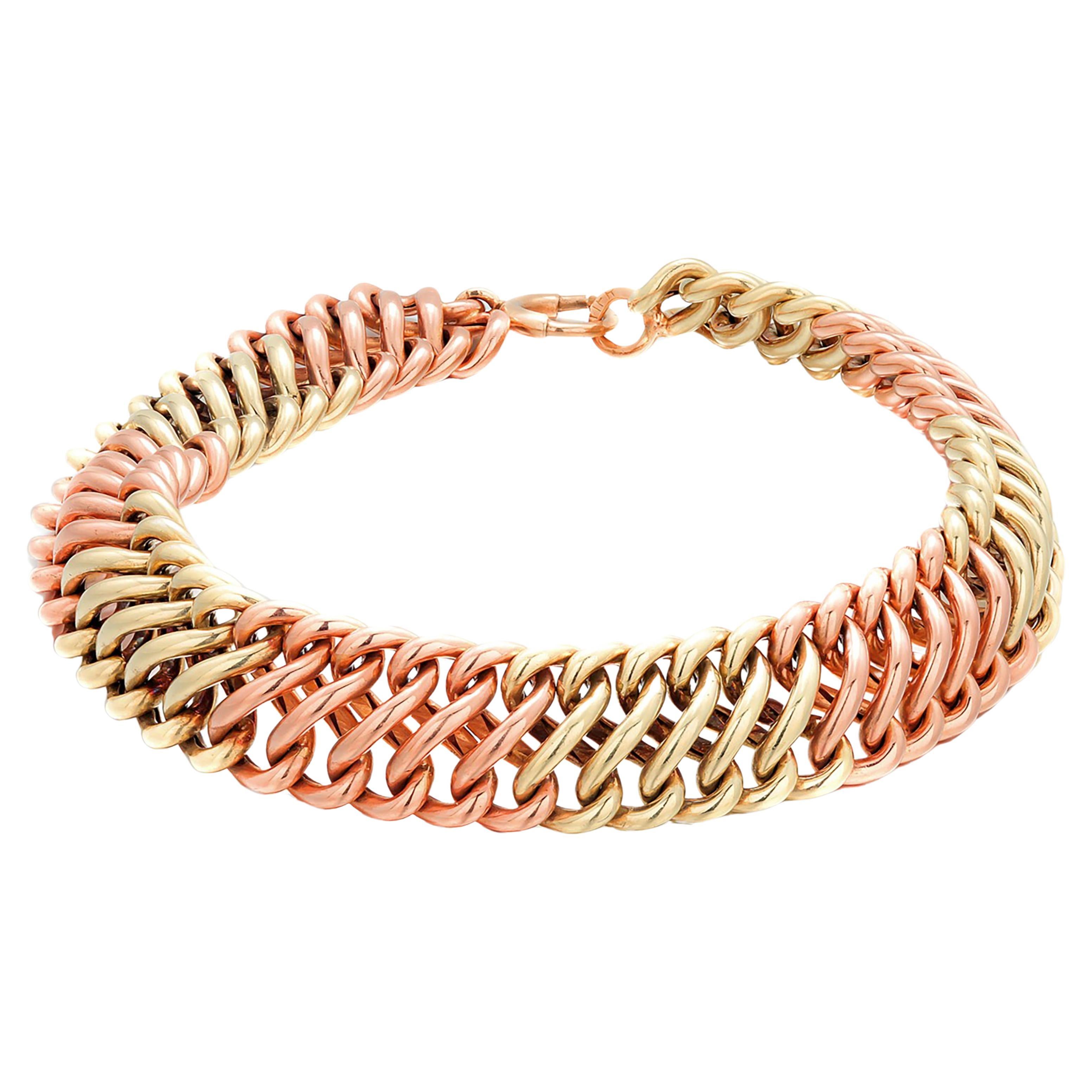 Exquisite Vintage Cartier 14kt Green and Rose Gold Link Bracelet 7.375 Inch