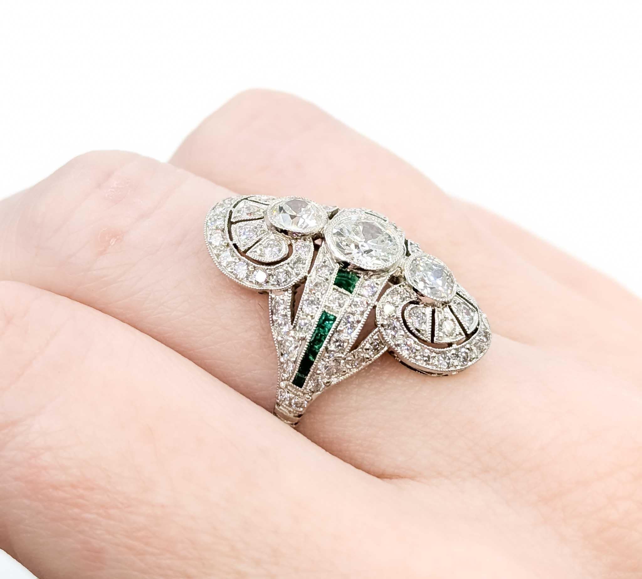 Old European Cut Exquisite Vintage Diamond and Emerald Cocktail Shield Ring in 900pt Gold For Sale