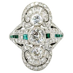 Exquisite Vintage Diamond and Emerald Cocktail Shield Ring in 900pt Gold