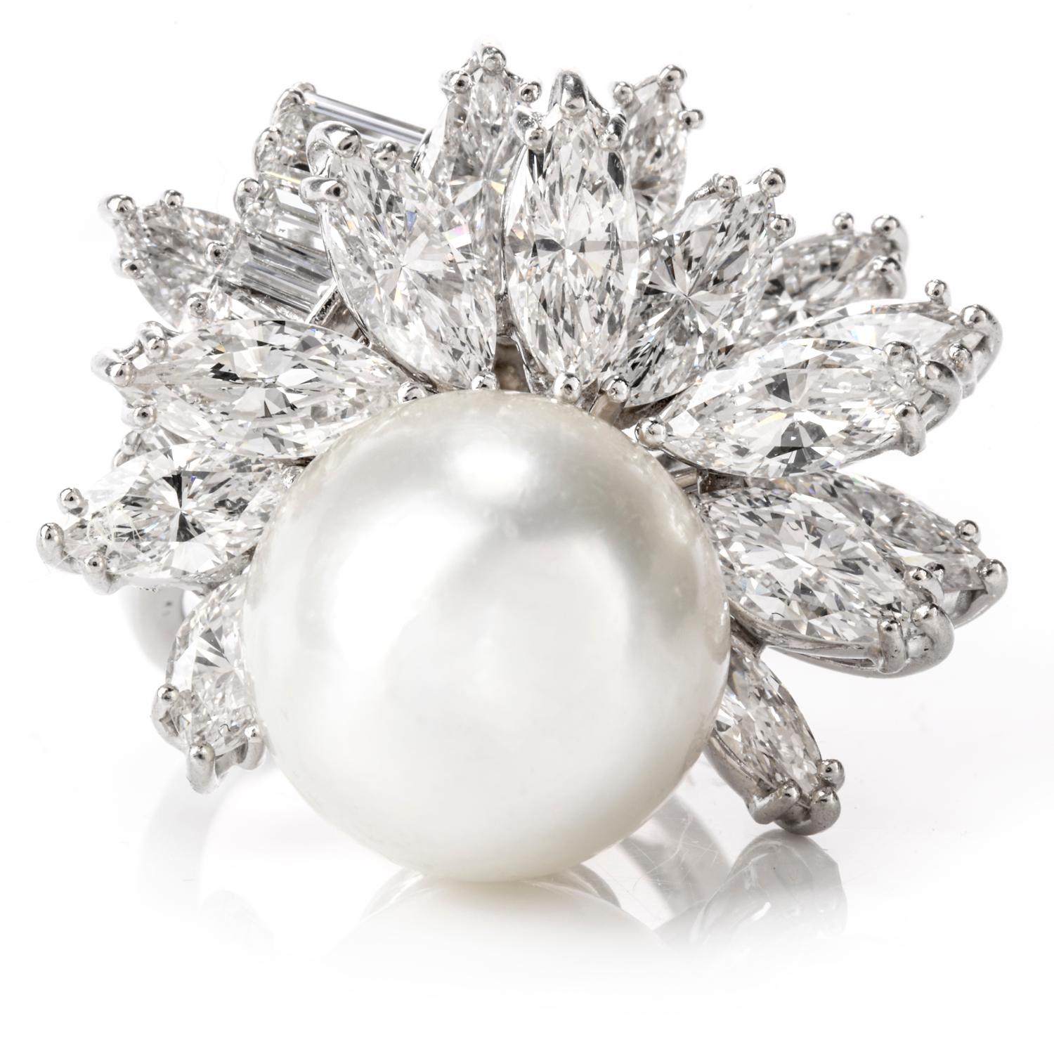 Marquise Cut Exquisite Vintage Diamond and Pearl Floral Platinum Cocktail Ring