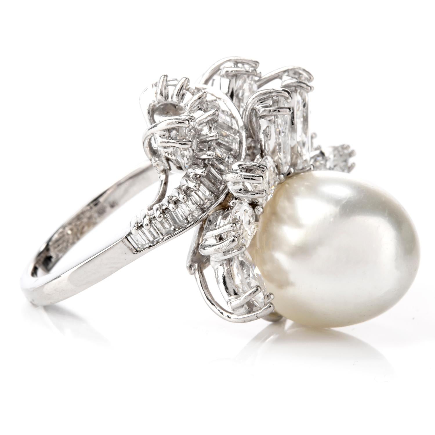 Exquisite Vintage Diamond and Pearl Floral Platinum Cocktail Ring In Excellent Condition In Miami, FL