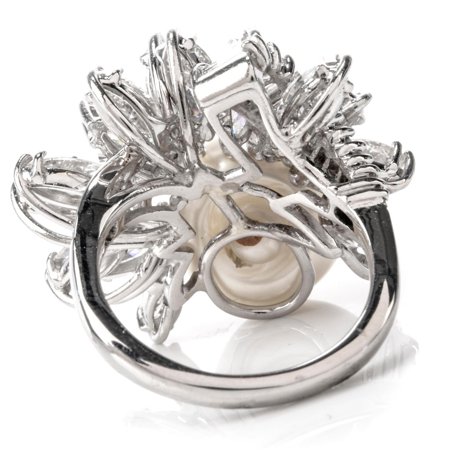 Women's Exquisite Vintage Diamond and Pearl Floral Platinum Cocktail Ring