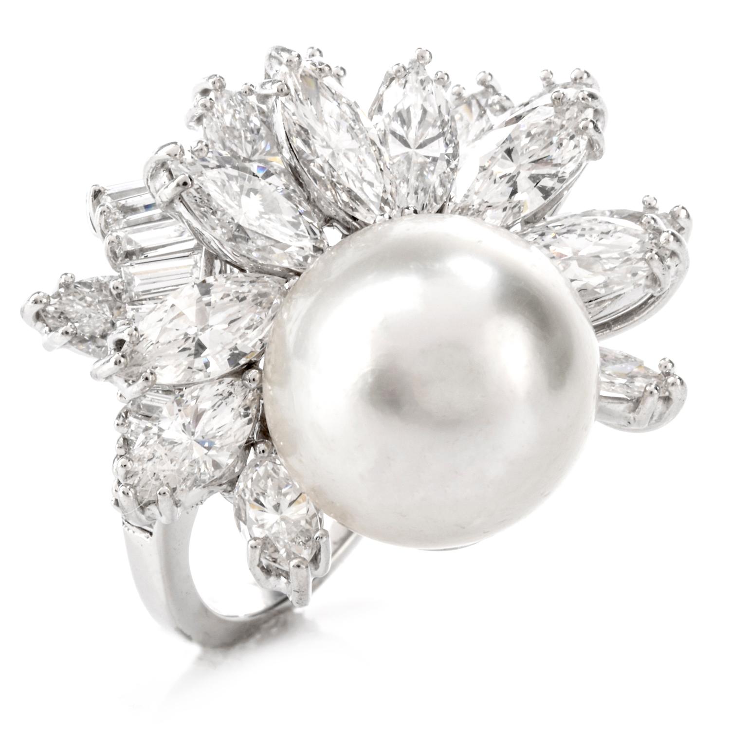 Exquisite Vintage Diamond and Pearl Floral Platinum Cocktail Ring 1