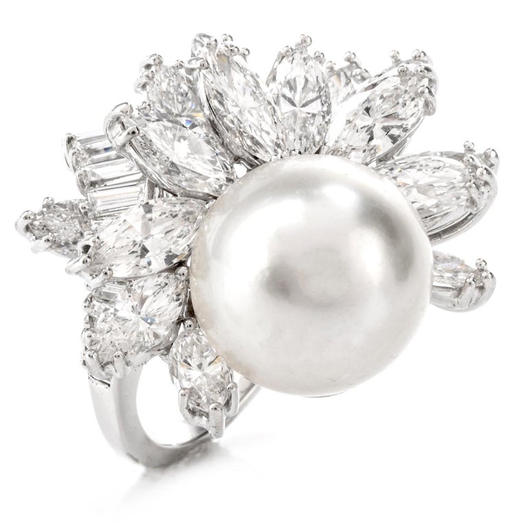 Exquisite Vintage Diamond and Pearl Floral Platinum Cocktail Ring at ...