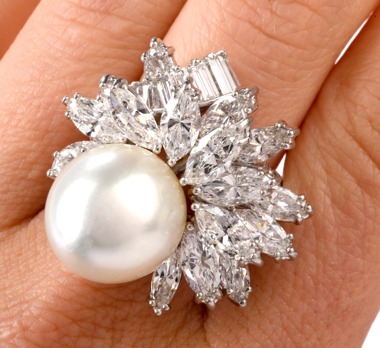 Exquisite Vintage Diamond and Pearl Floral Platinum Cocktail Ring 3