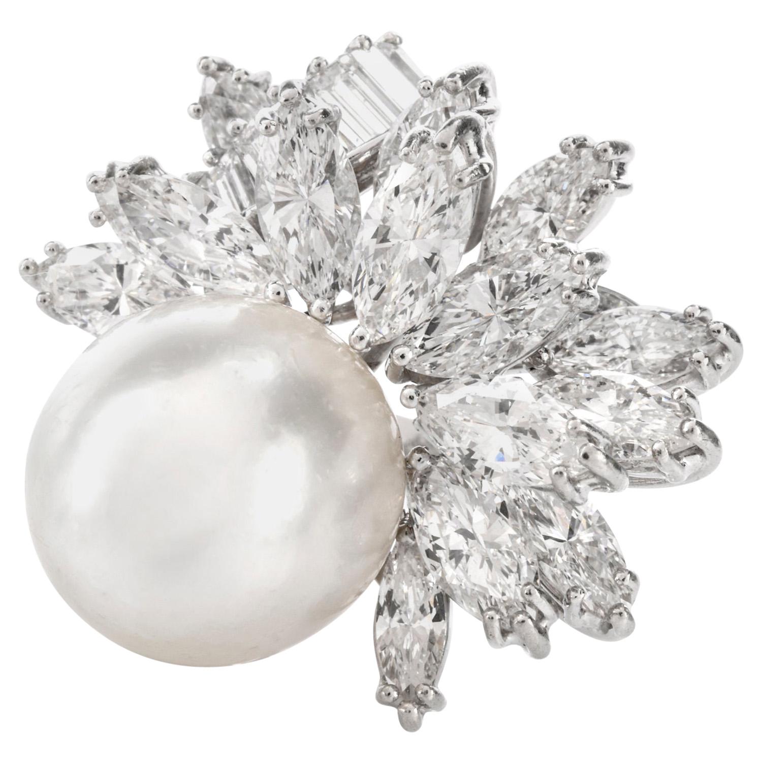 Exquisiter Vintage-Cocktailring aus Platin mit Diamant und Perle mit Blumenmuster