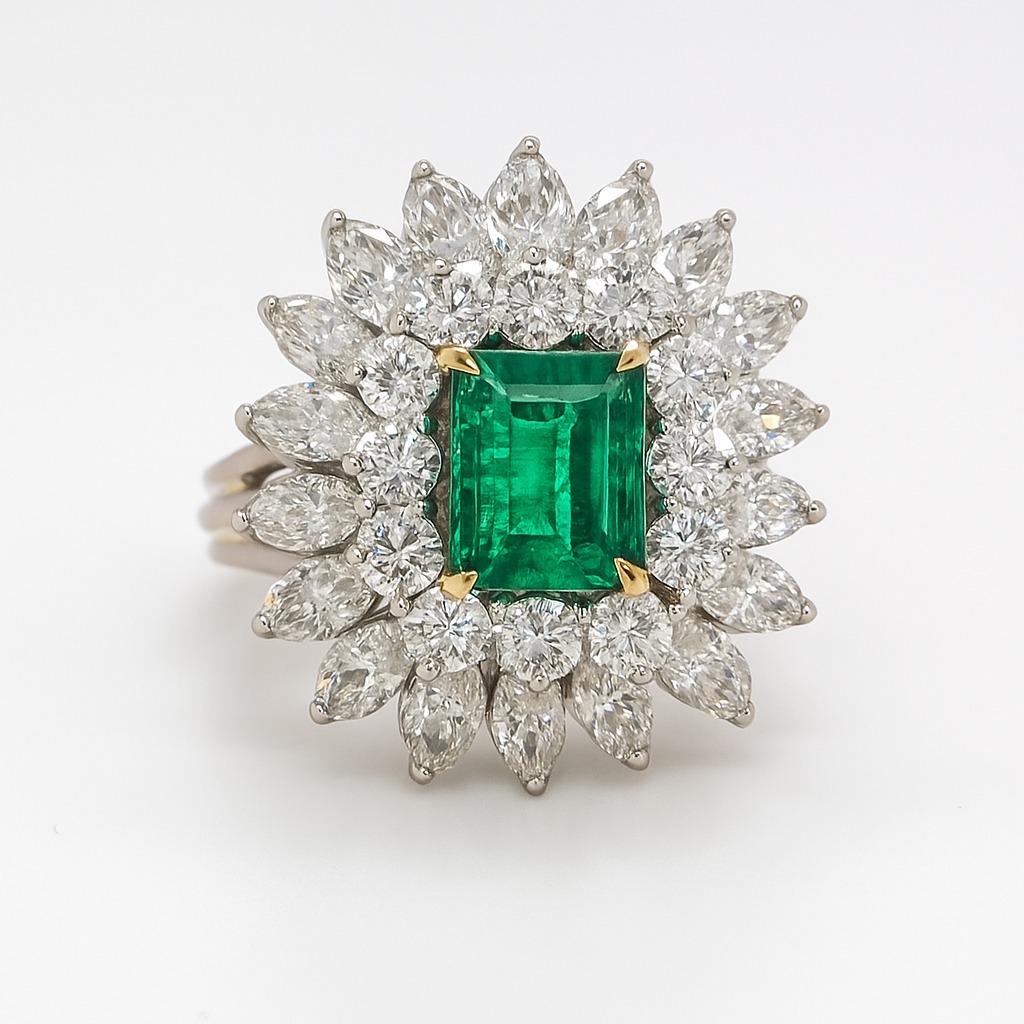 Exquisite Vintage Smaragd & Diamant-Cocktail-Ring in Platin mit 18K Gelbgold Zacken

Gönnen Sie sich zeitlose Eleganz mit diesem außergewöhnlichen Vintage-Cocktailring, in dessen Mittelpunkt ein lebendiger kolumbianischer Smaragd im Stufenschliff