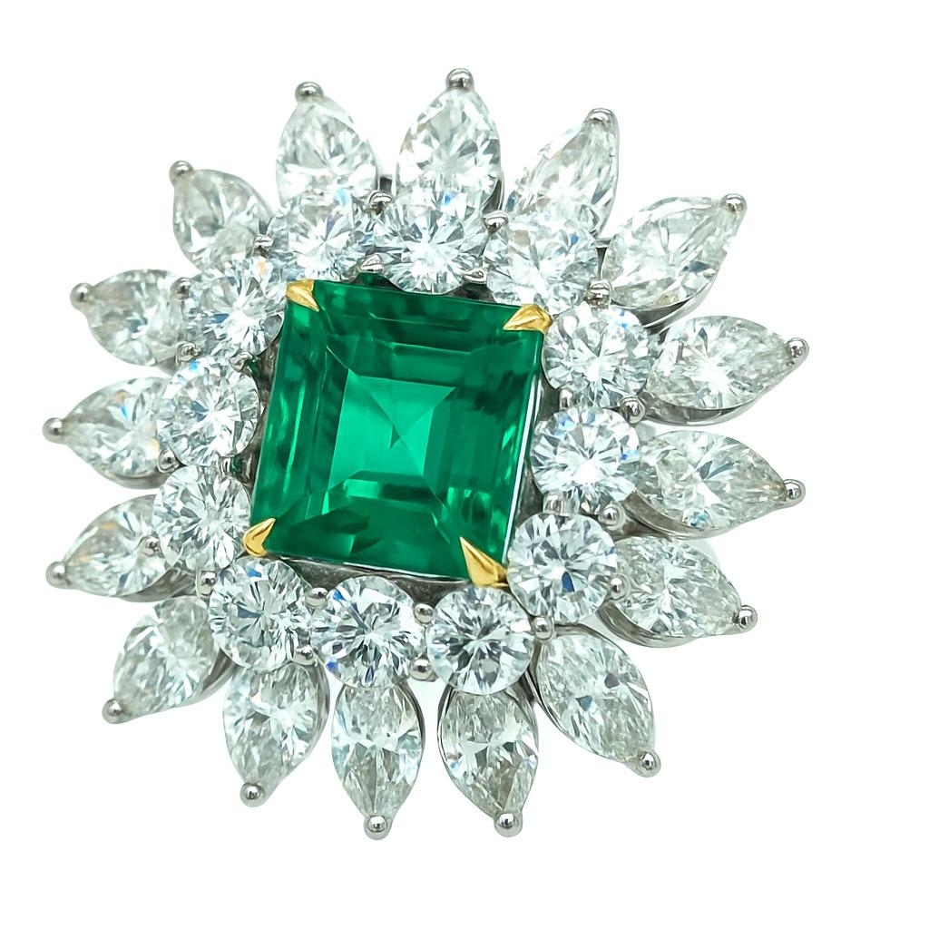 Exquisite Vintage Smaragd & Diamant-Cocktail-Ring in Platin mit 18K (Zeitgenössisch) im Angebot