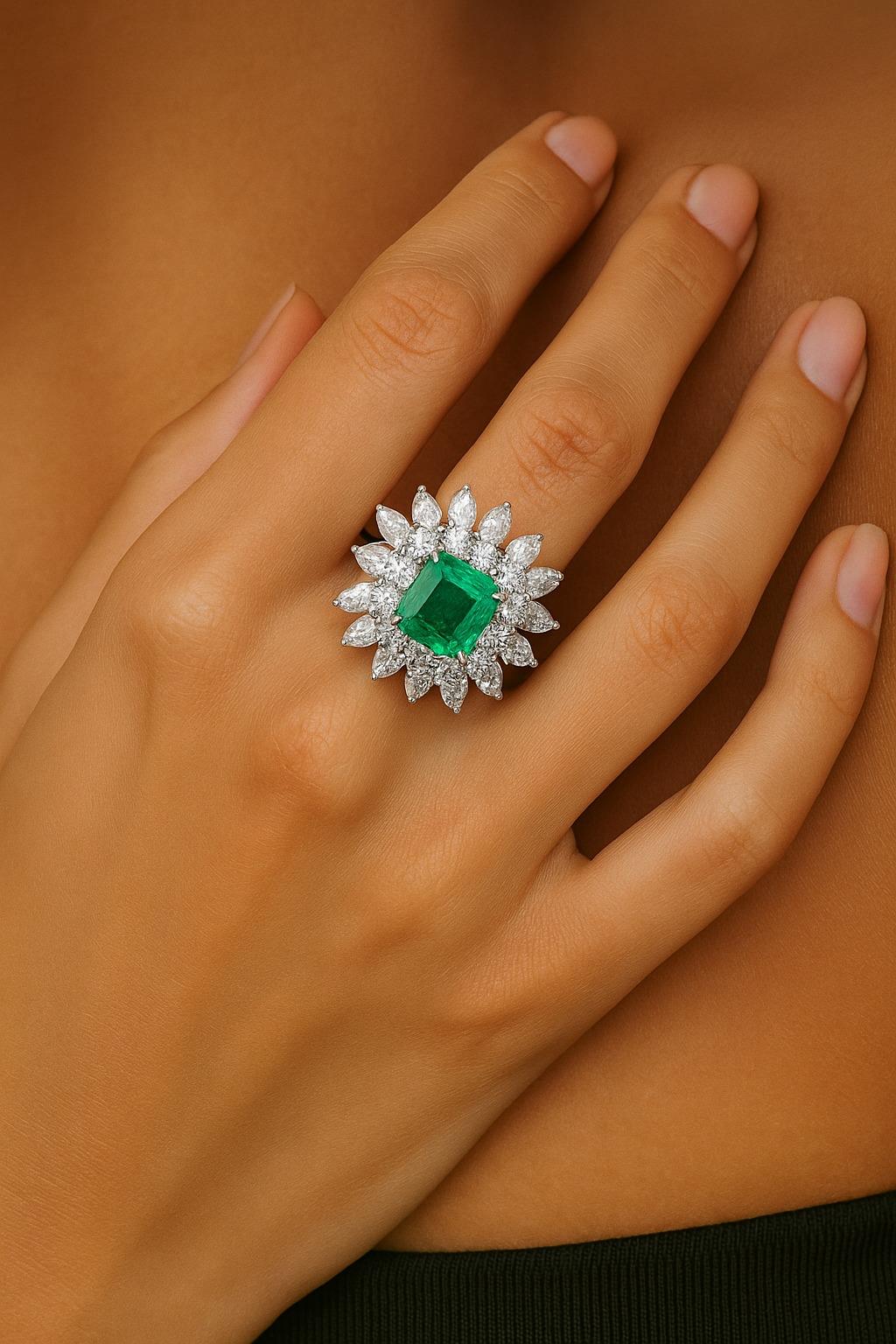 Exquisite Vintage Smaragd & Diamant-Cocktail-Ring in Platin mit 18K (Smaragdschliff) im Angebot