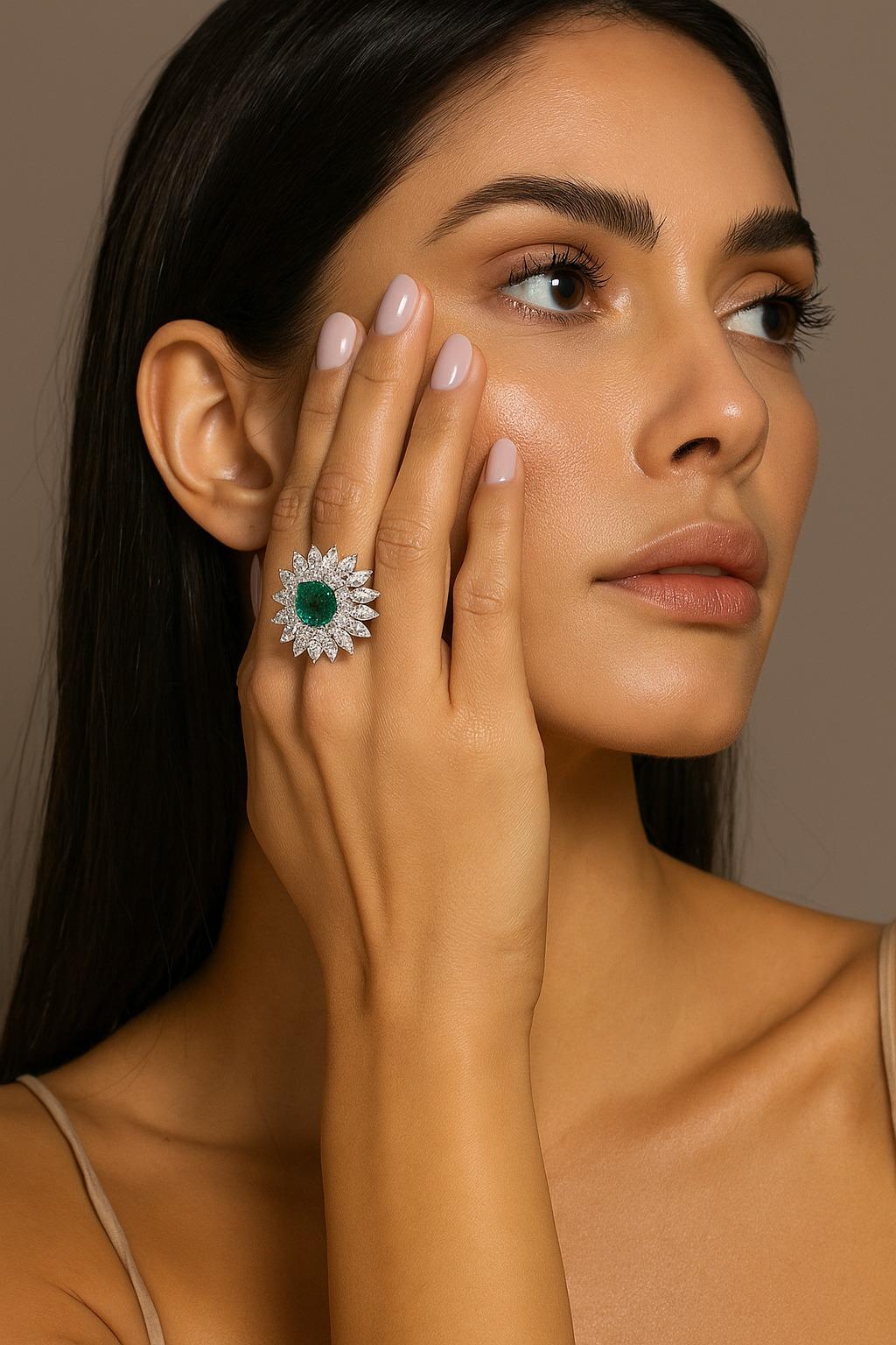 Exquisite Vintage Smaragd & Diamant-Cocktail-Ring in Platin mit 18K im Zustand „Hervorragend“ im Angebot in Chicago, IL