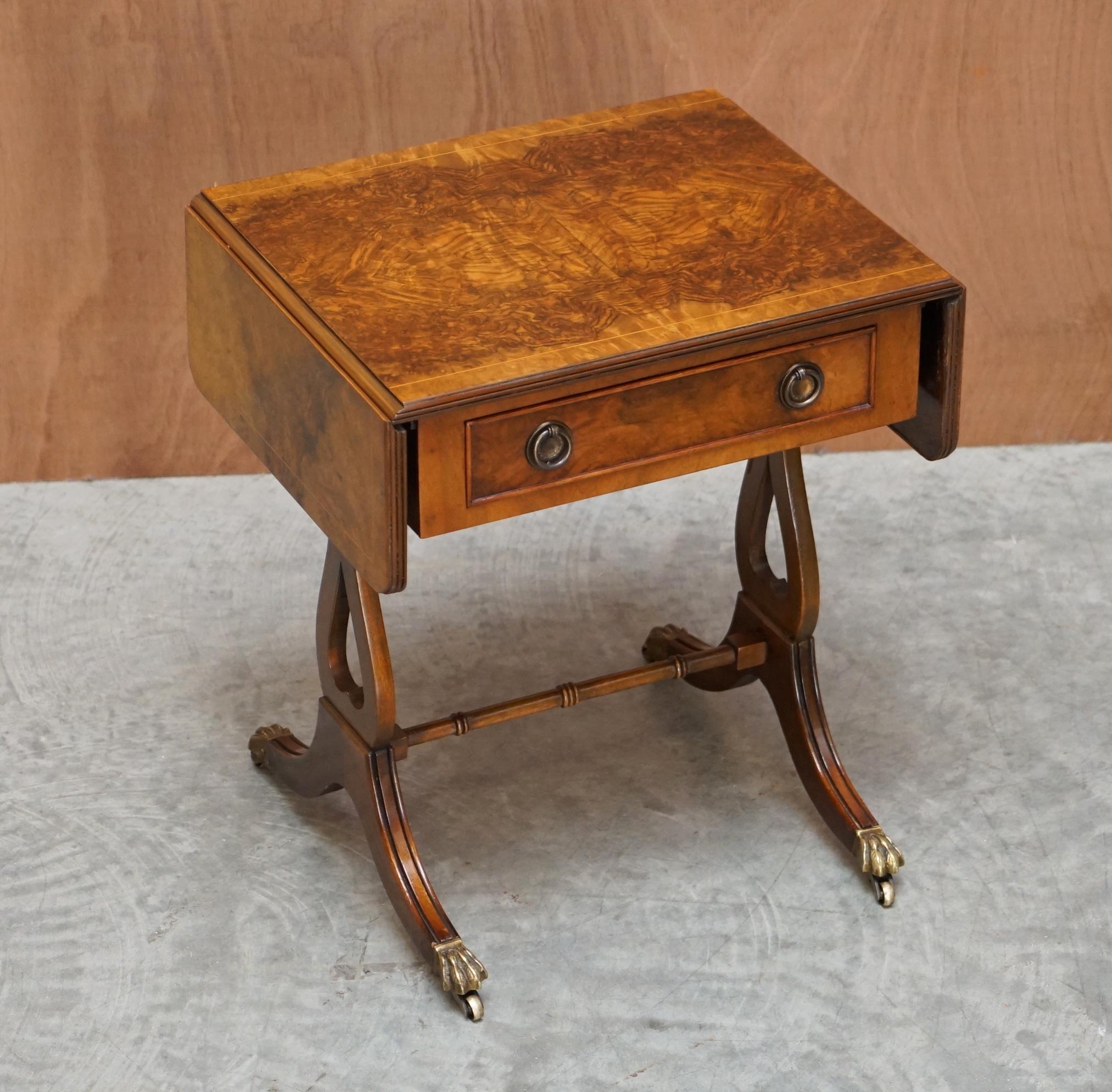 We are delighted to offer for sale this absolutely stunning restored, Bevan Funnell vintage Burr, Burl and Quarter cut walnut side table with extending top and single drawer.

This is the most beautiful version of this table I have ever seen, the