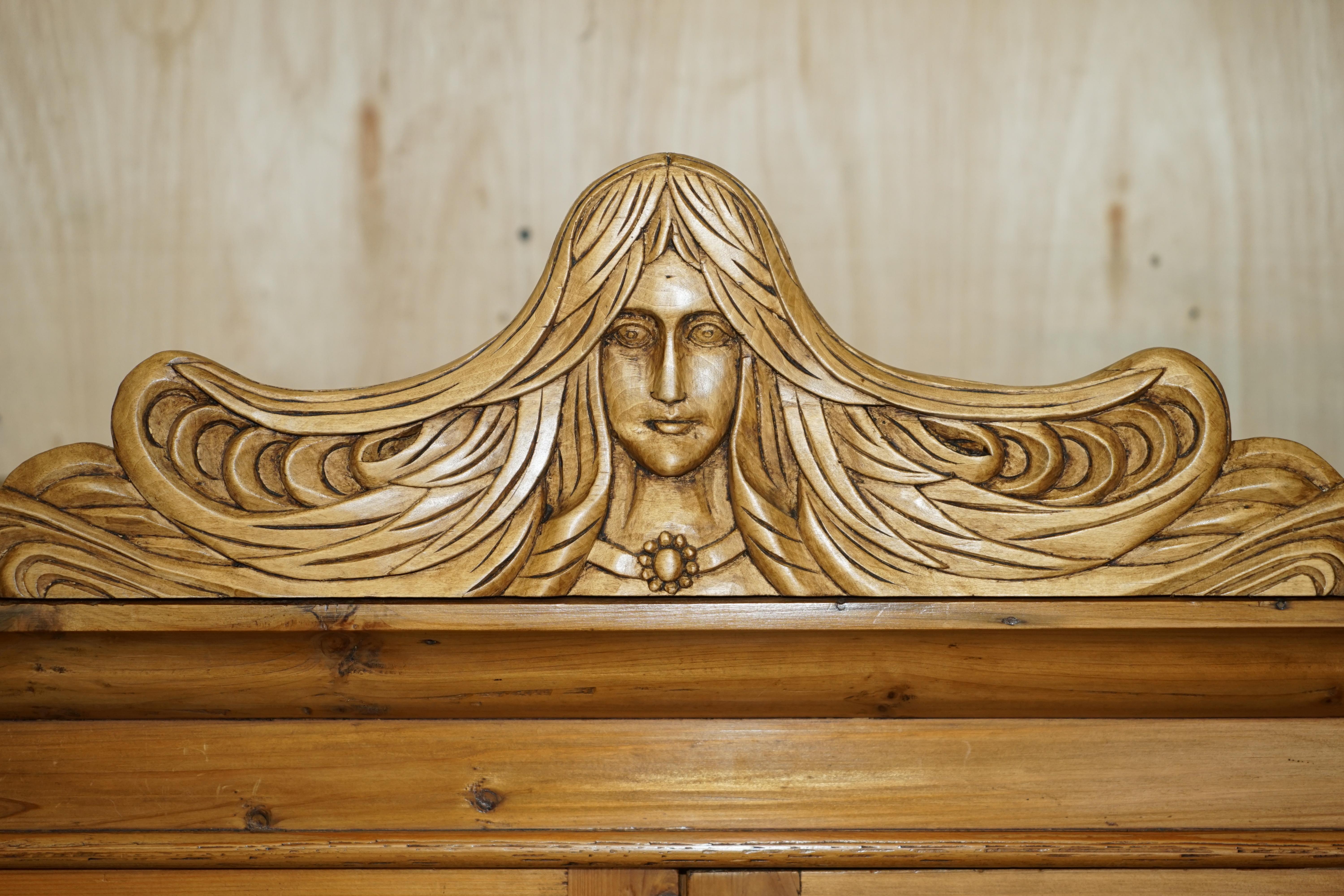 English EXQUISITE ViNTAGE HAND CARVED ART NOUVEAU PINE WARDROBE NUDE NYMPHS INSIDE For Sale