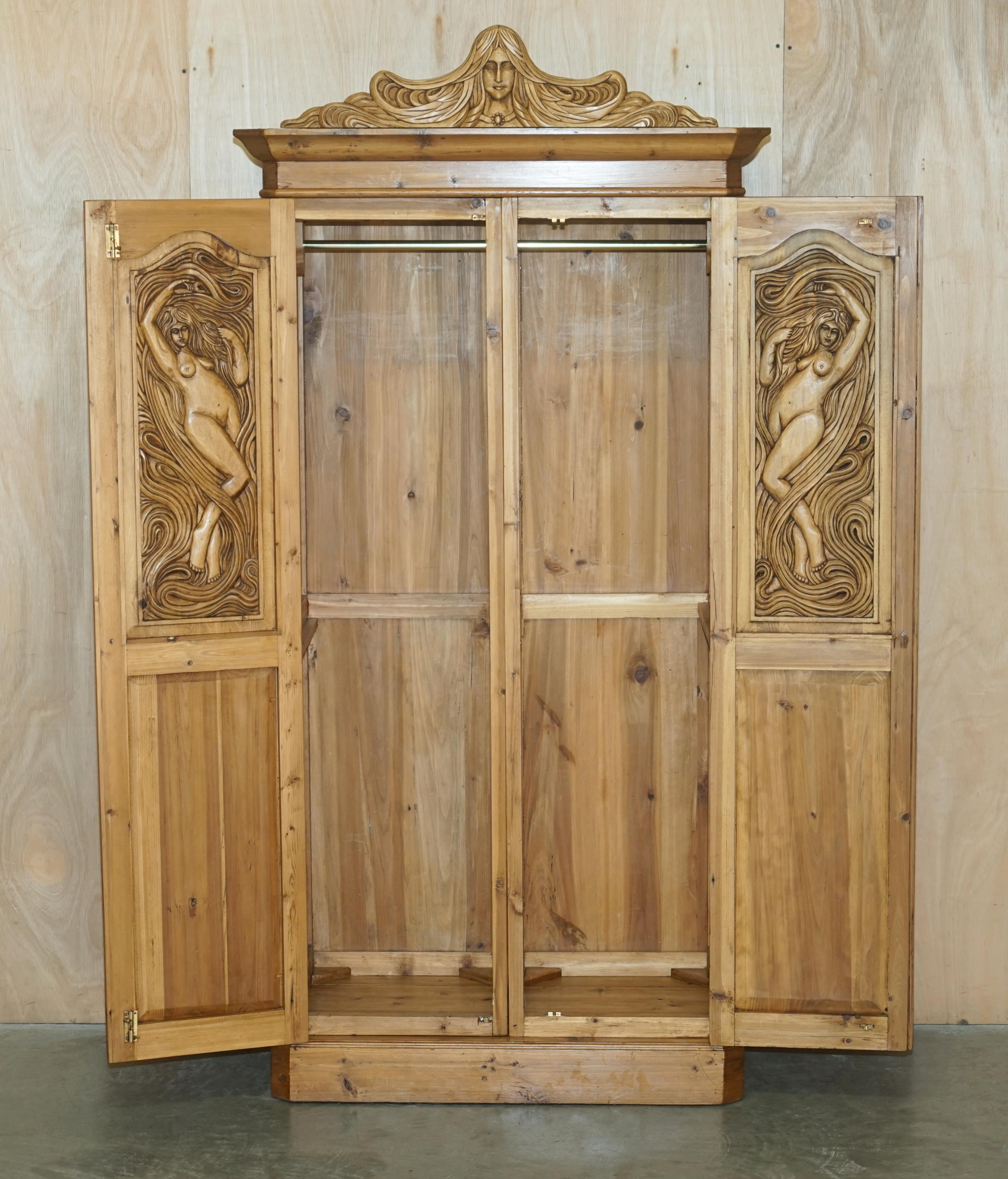 Hand-Crafted EXQUISITE ViNTAGE HAND CARVED ART NOUVEAU PINE WARDROBE NUDE NYMPHS INSIDE For Sale