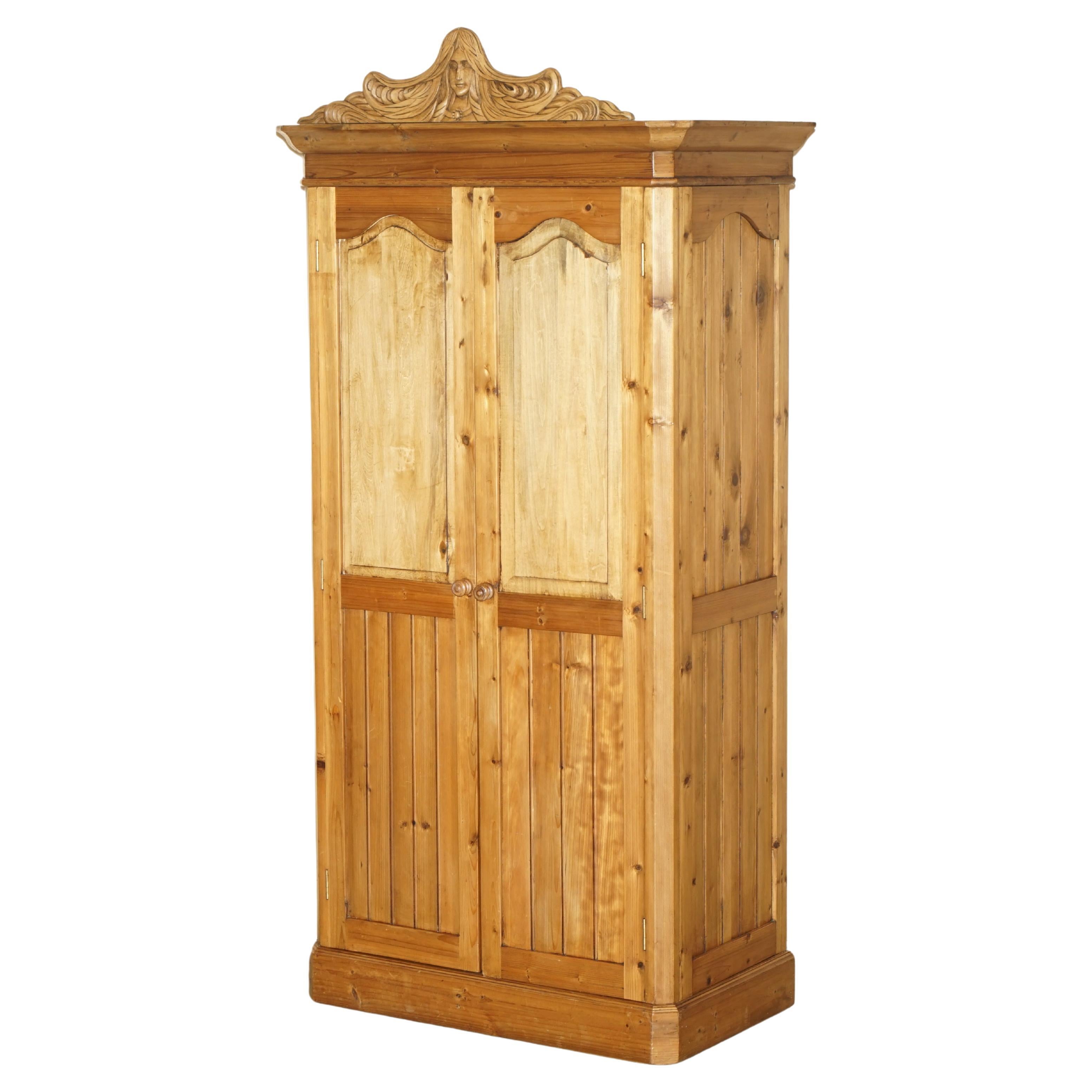 EXQUISITE ViNTAGE HAND CARVED ART NOUVEAU PINE WARDROBE NUDE NYMPHS INSIDE For Sale