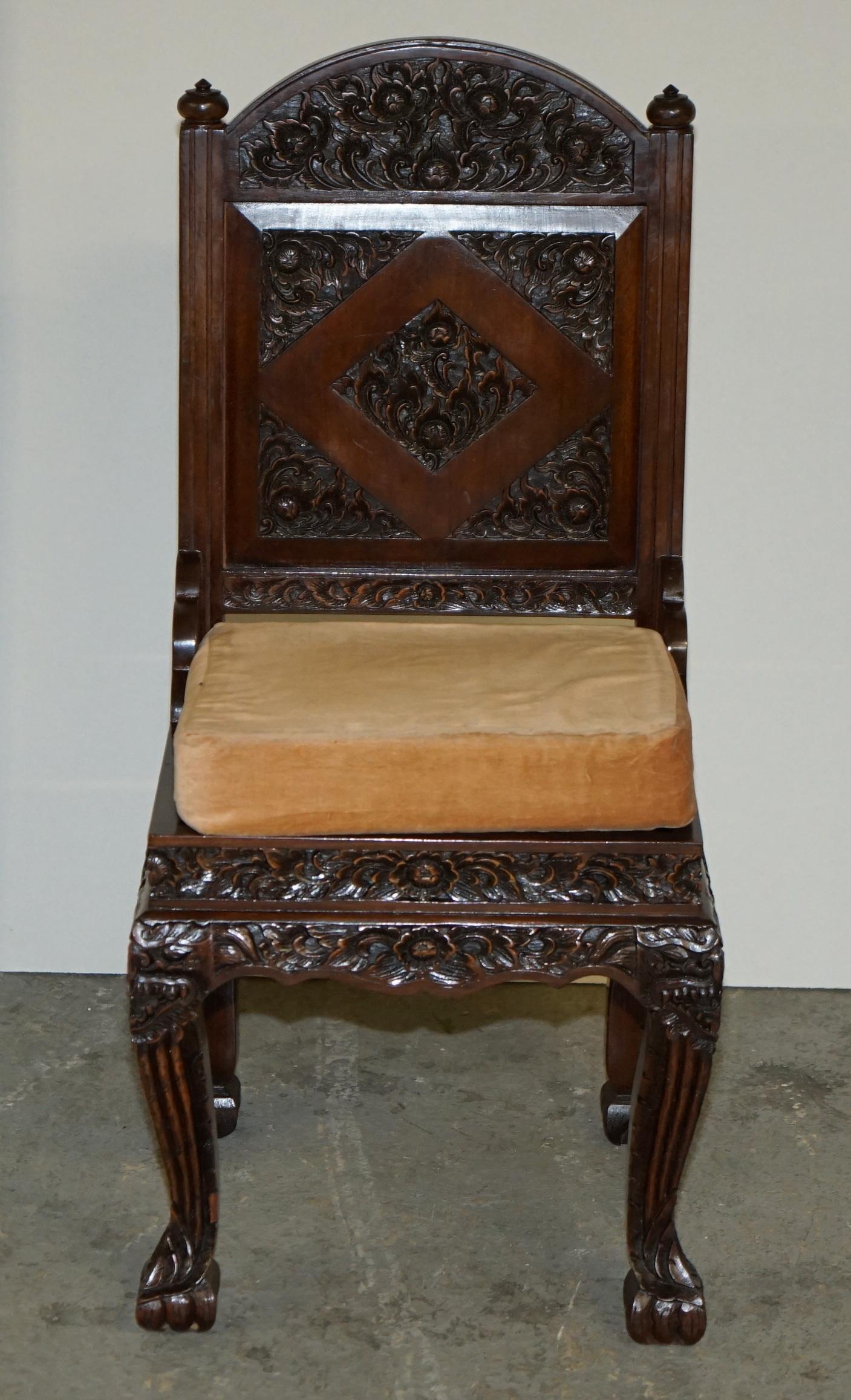 EXQUISITE VINTAGE HAND CARVED HARDWOOD ANGLO INDIAN SET OF EIGHT DINING CHAIRs 7