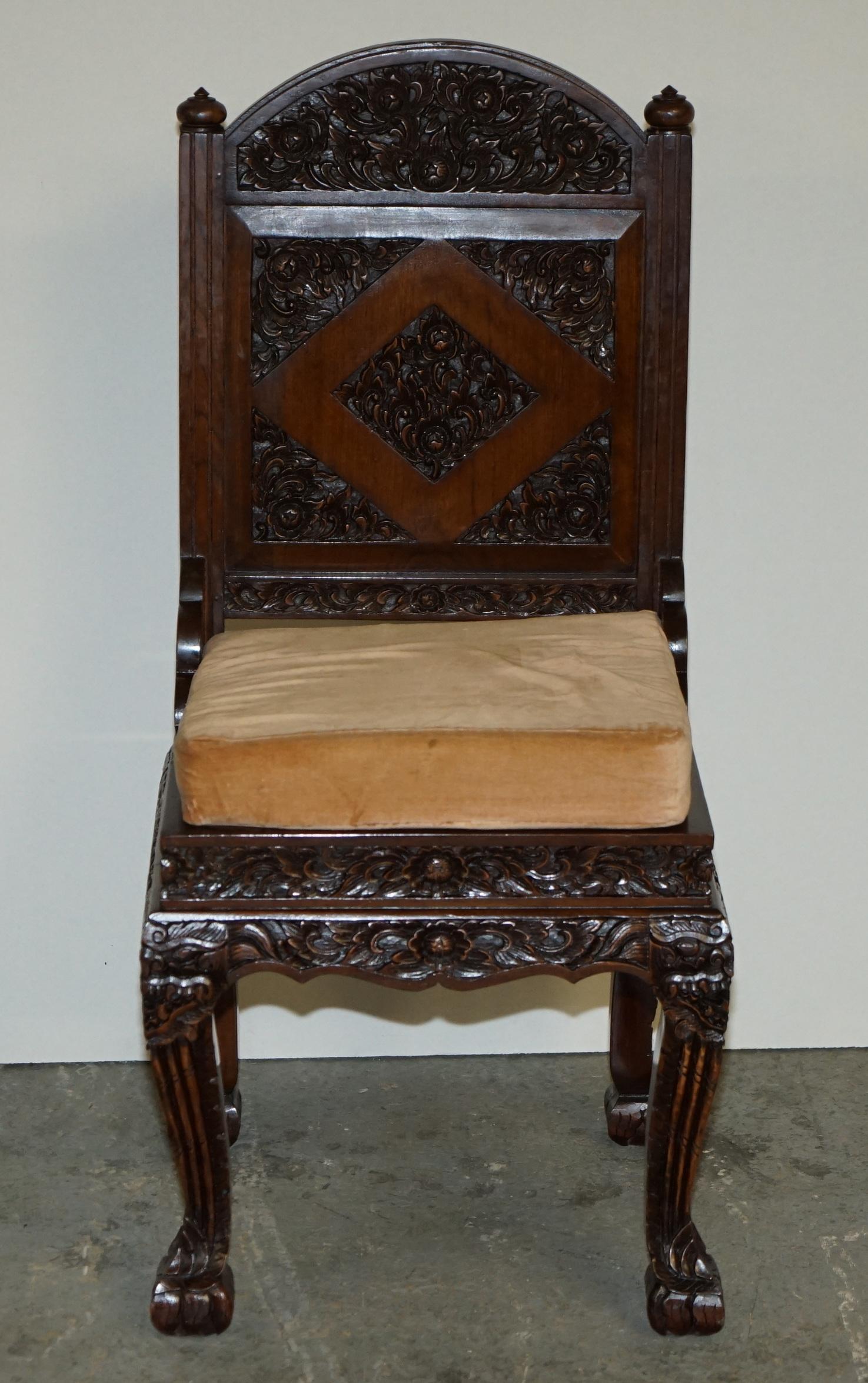 EXQUISITE VINTAGE HAND CARVED HARDWOOD ANGLO INDIAN SET OF EIGHT DINING CHAIRs 11