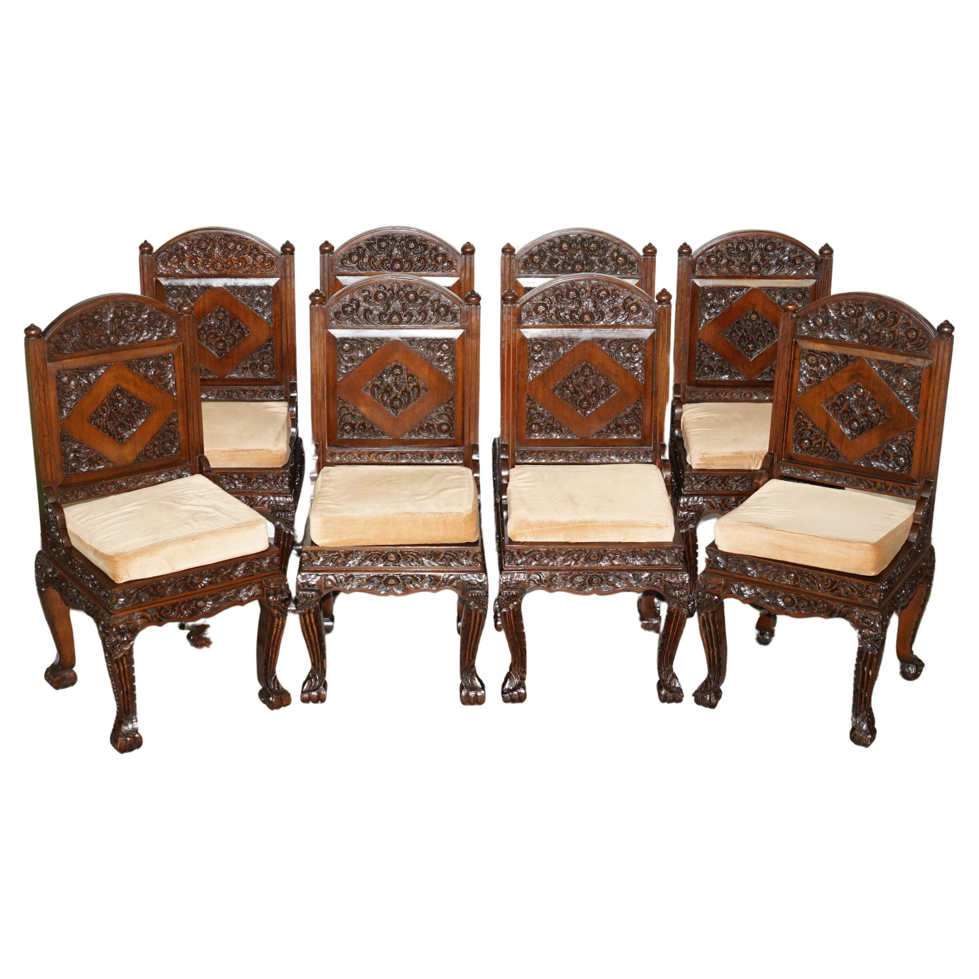 EXQUISITE VINTAGE HAND CARVED HARDWOOD ANGLO INDIAN SET OF EIGHT DINING CHAIRs