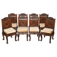 EXQUISITE VINTAGE HAND CARVED HARDWOOD ANGLO INDIAN SET OF EIGHT DINING CHAIRs