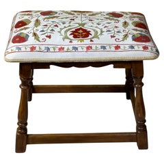 Exquisite Vintage Hand-Carved Sitting Stool with Authentic Suzani Embroidery