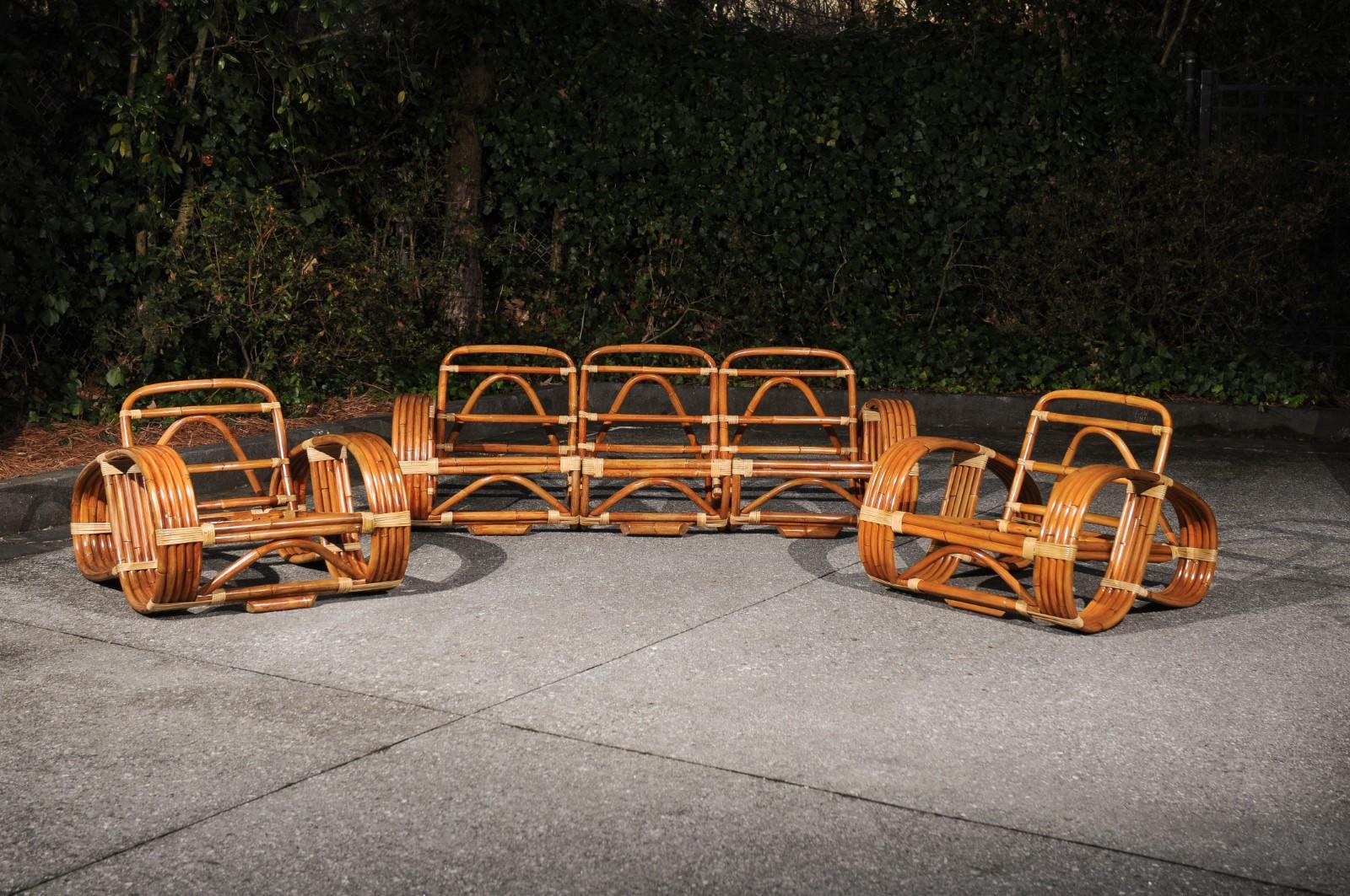 Exquisite Vintage Paul Frankl Style 5-Strand Rattan Cane Art Deco Club Chairs For Sale 14