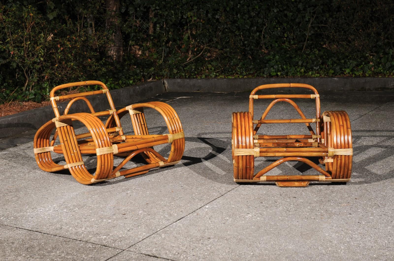 An absolutely jaw-dropping pair of rare, meticulously restored Art Deco five (5)-strand Pretzel loungers, circa 1950. Matching three-seat sofa available in a separate listing. The pair have mellowed to a fabulous Peanut tone. While unmarked, these