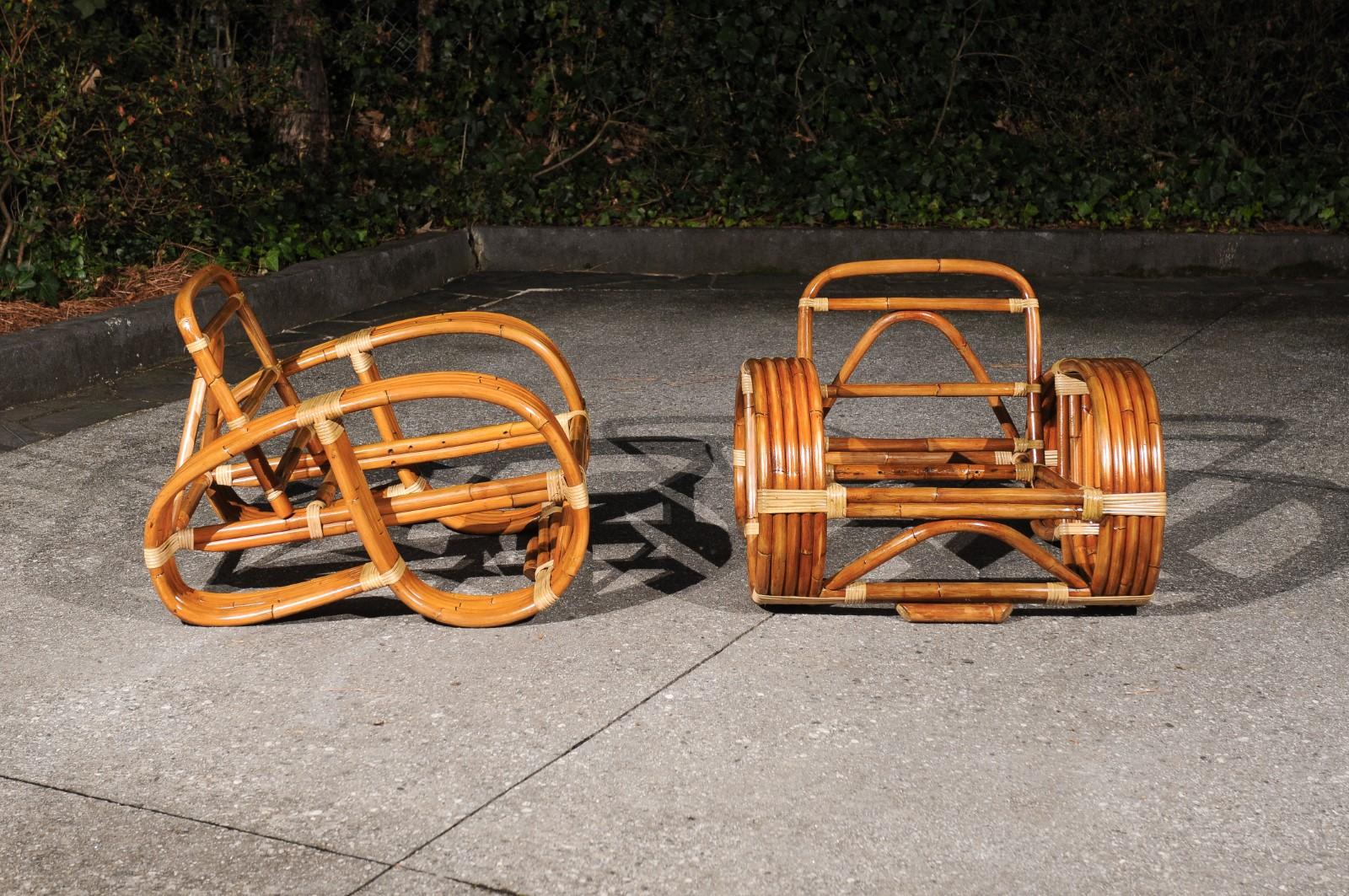 Exquisite Vintage Paul Frankl Style 5-Strand Rattan Cane Art Deco Club Chairs For Sale 2