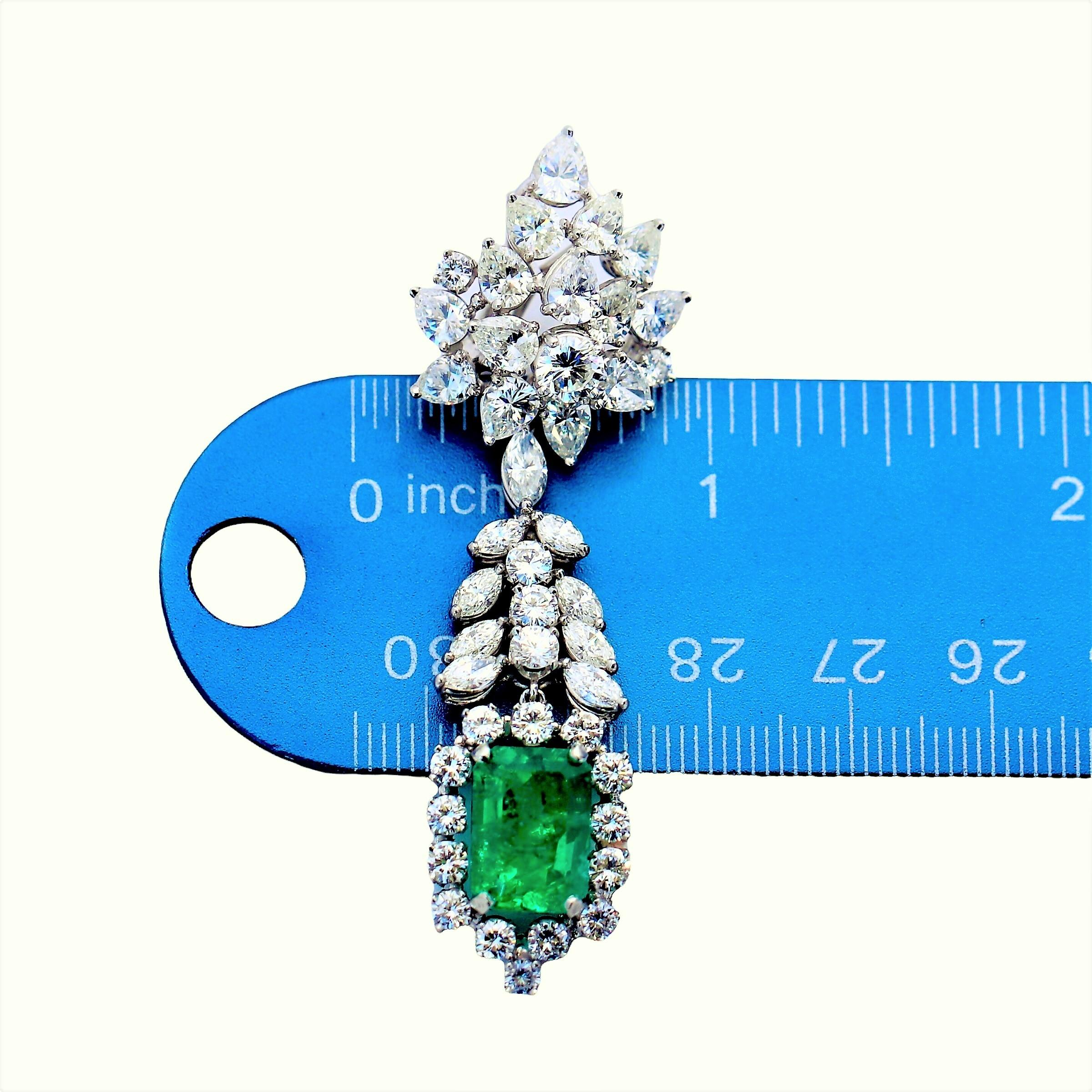 Emerald Cut Exquisite Vintage Platinum, Colombian Emerald and Diamond Drop Cocktail Earrings