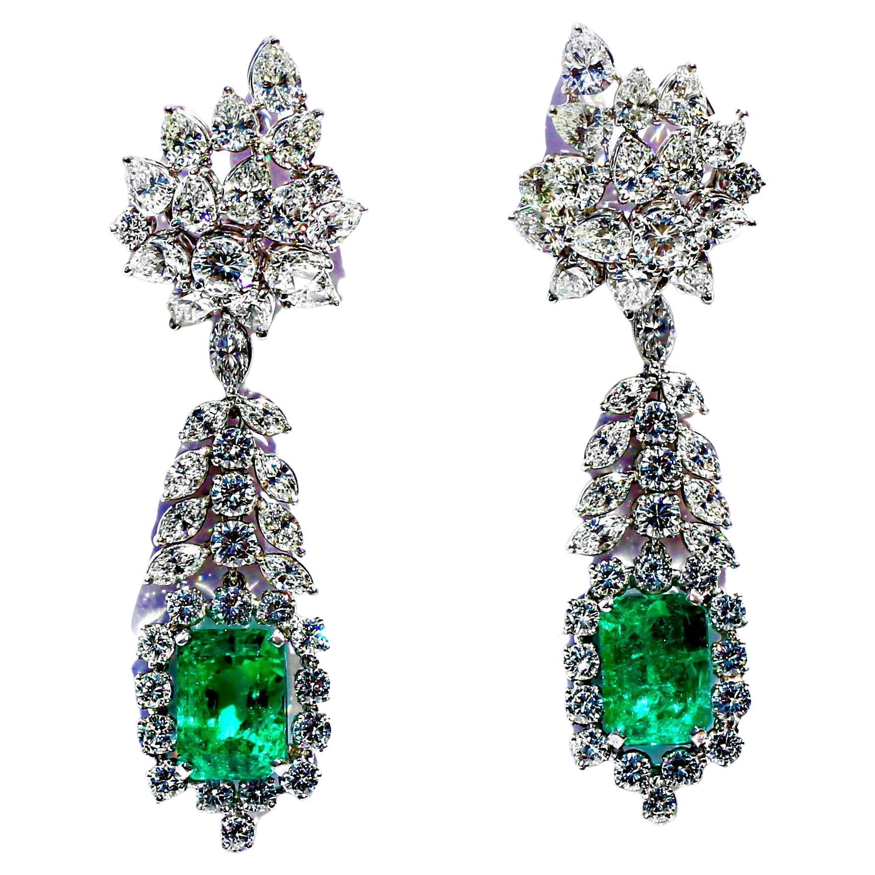 Exquisite Vintage Platinum, Colombian Emerald and Diamond Drop Cocktail Earrings