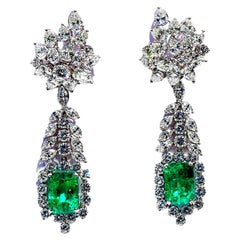 Exquisite Vintage Platinum, Colombian Emerald and Diamond Drop Cocktail Earrings
