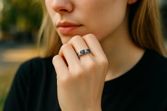 Exquisite Vintage Platinum Ring Emerald-Cut Diamonds Princess-Cut Sapphires