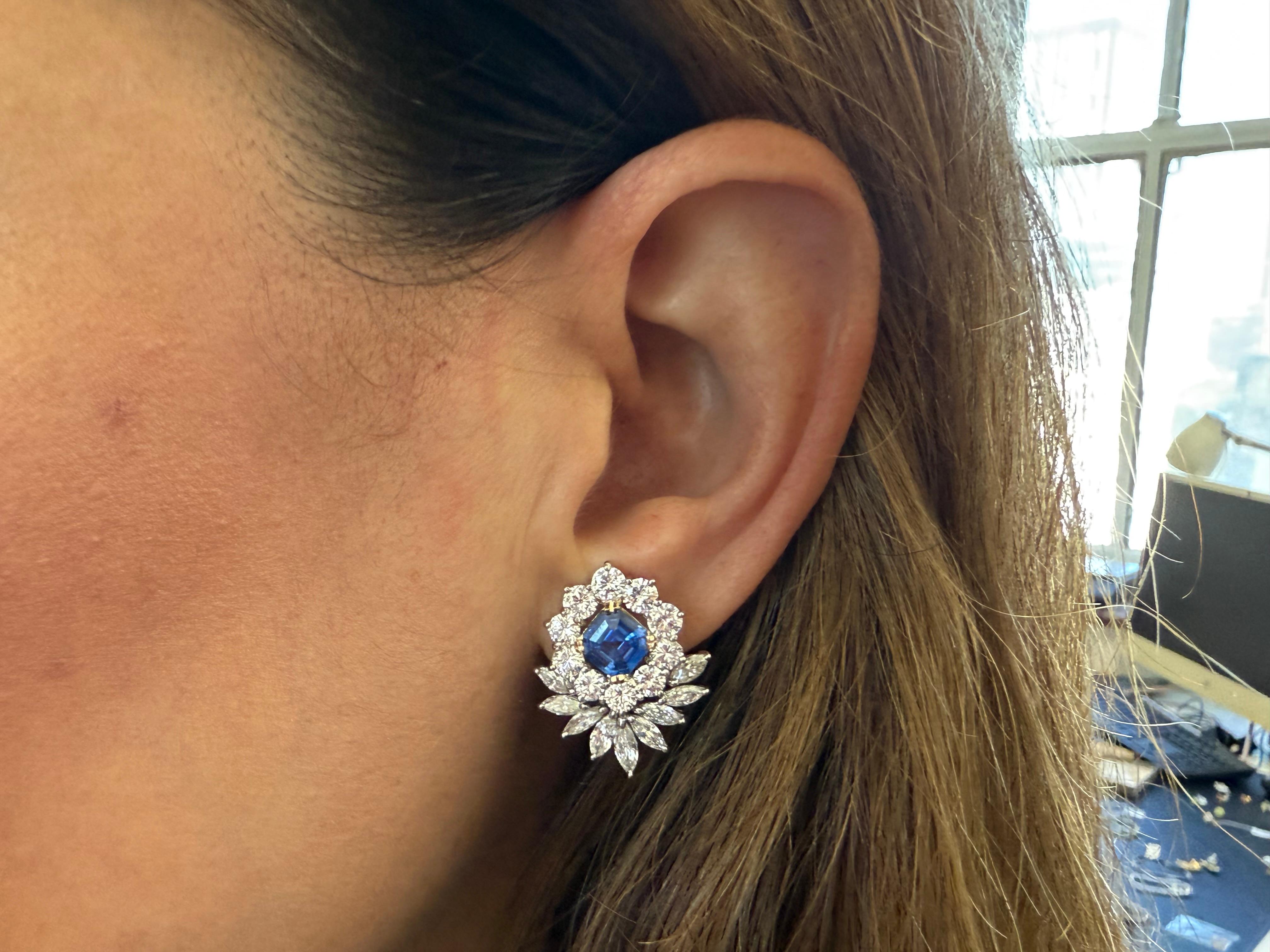 Asscher Cut Exquisite Vintage Sapphire & Diamond Snowflake Earrings – 18K Gold & Platinum For Sale