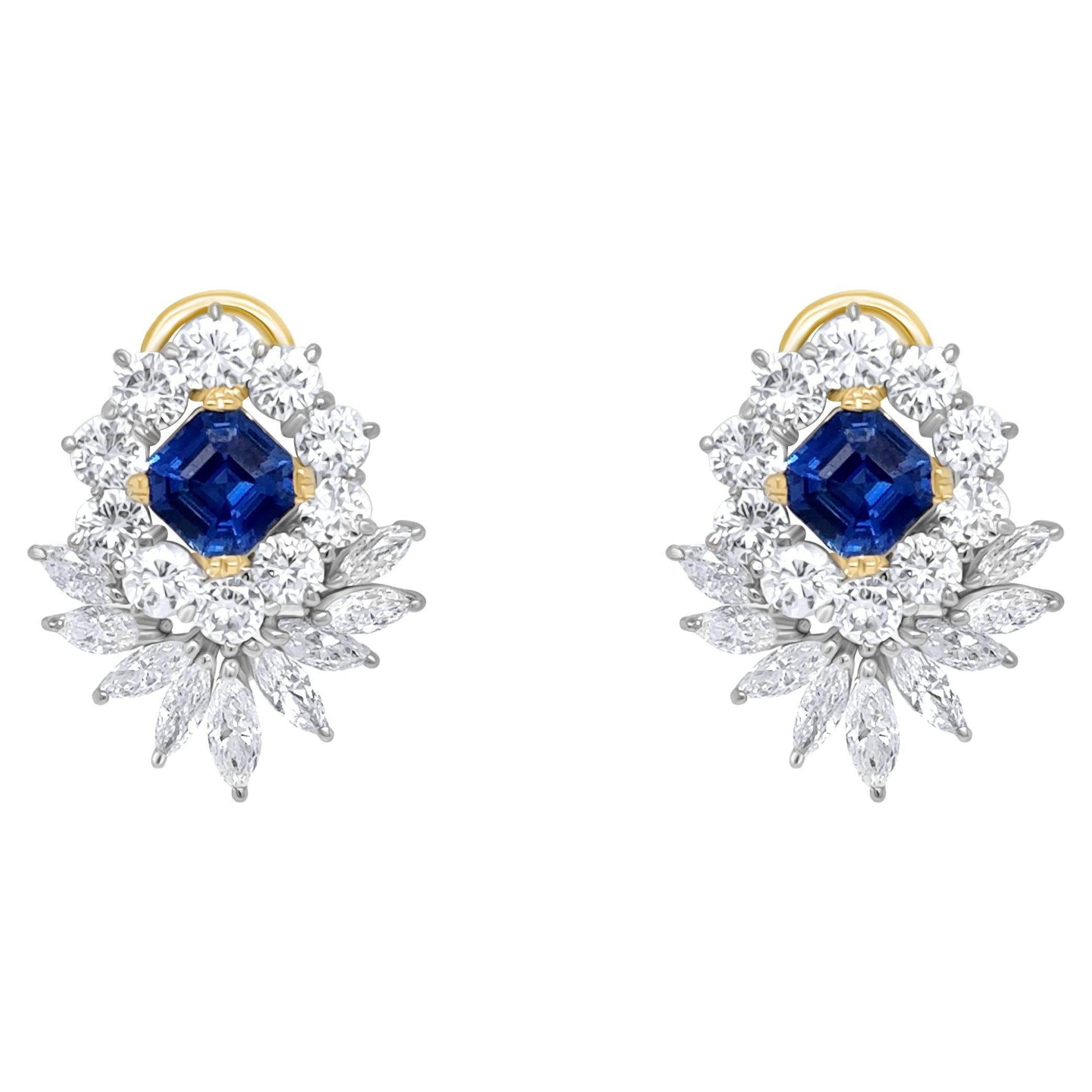 Exquisite Vintage Sapphire & Diamond Snowflake Earrings – 18K Gold & Platinum